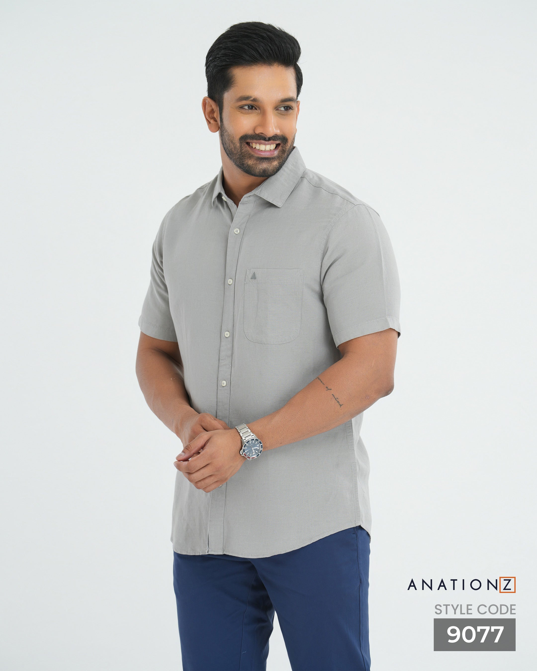 Viscose Linen Shirt with Curved Pocket - Grey