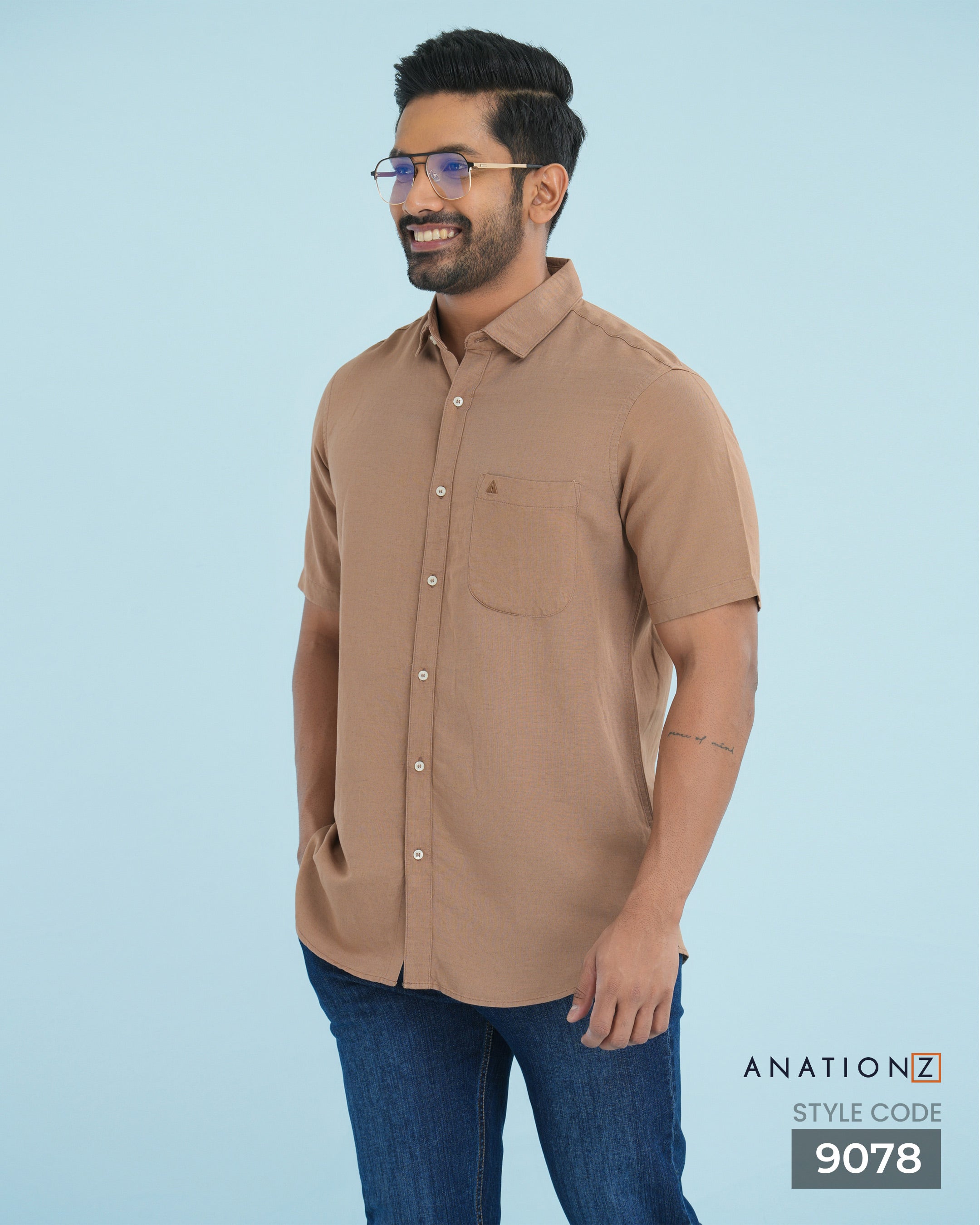 Viscose Linen Shirt with Curved Pocket - Caramel