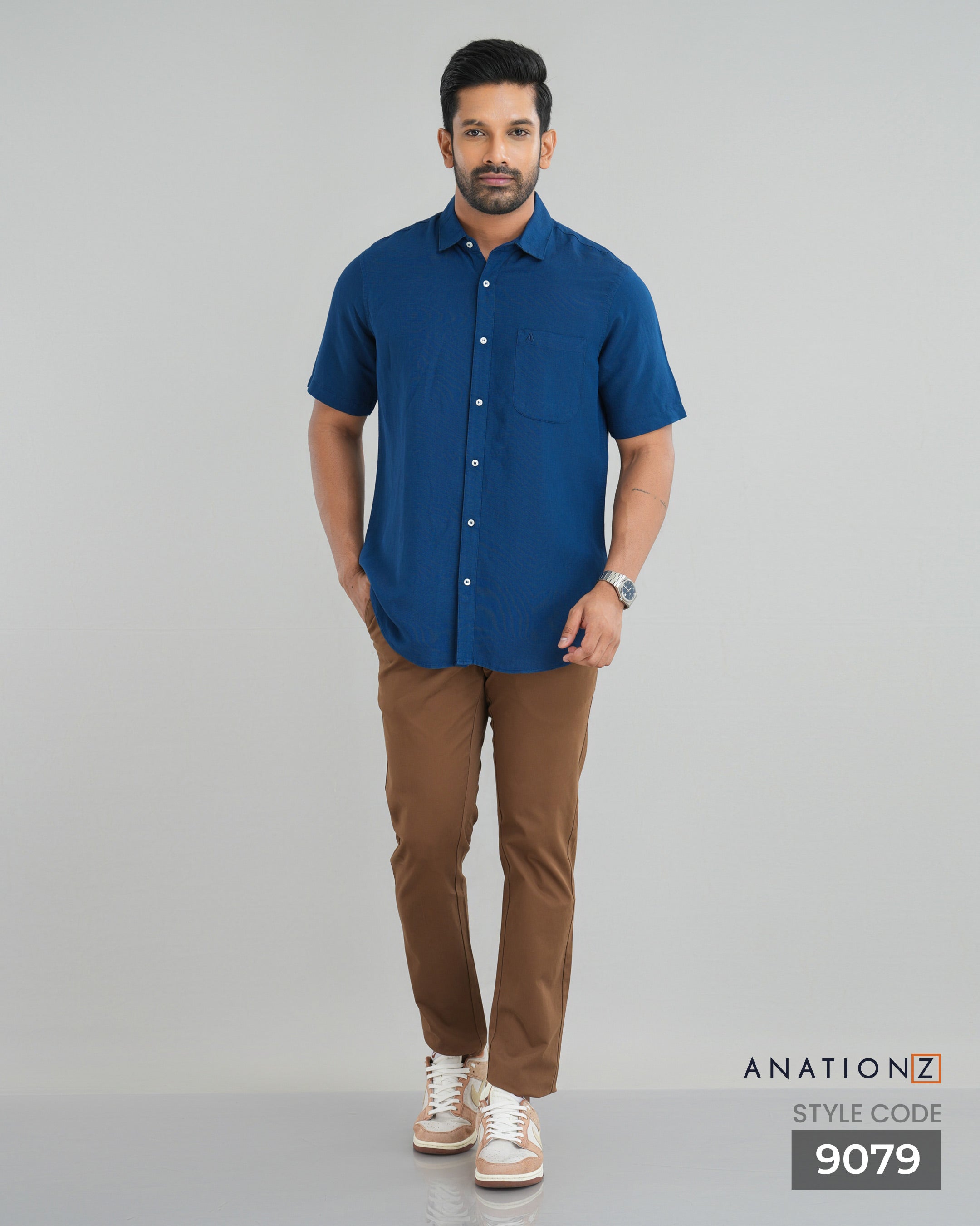 Viscose Linen Shirt with Curved Pocket - Royal Blue