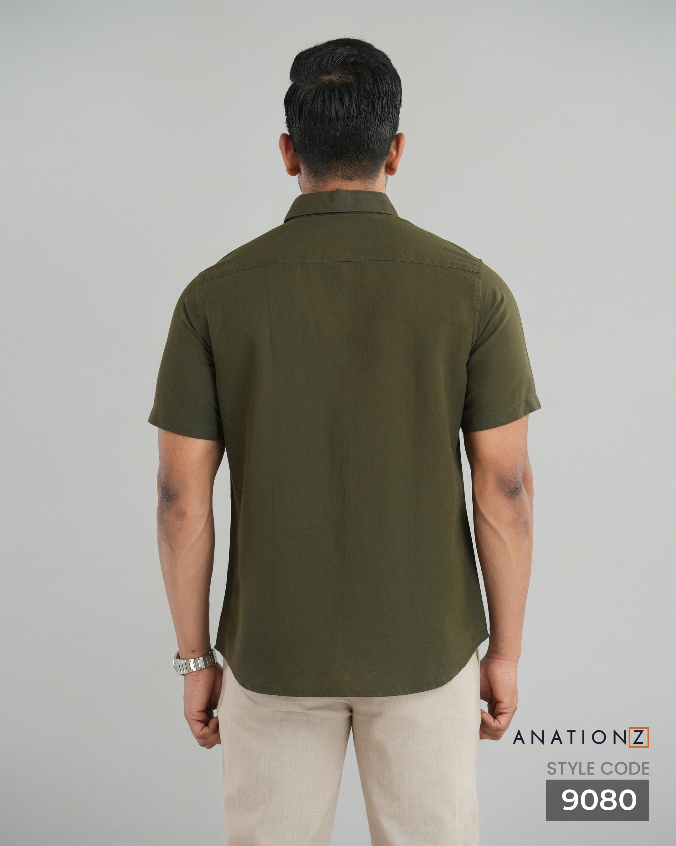 Viscose Linen Shirt with Curved Pocket - Olive