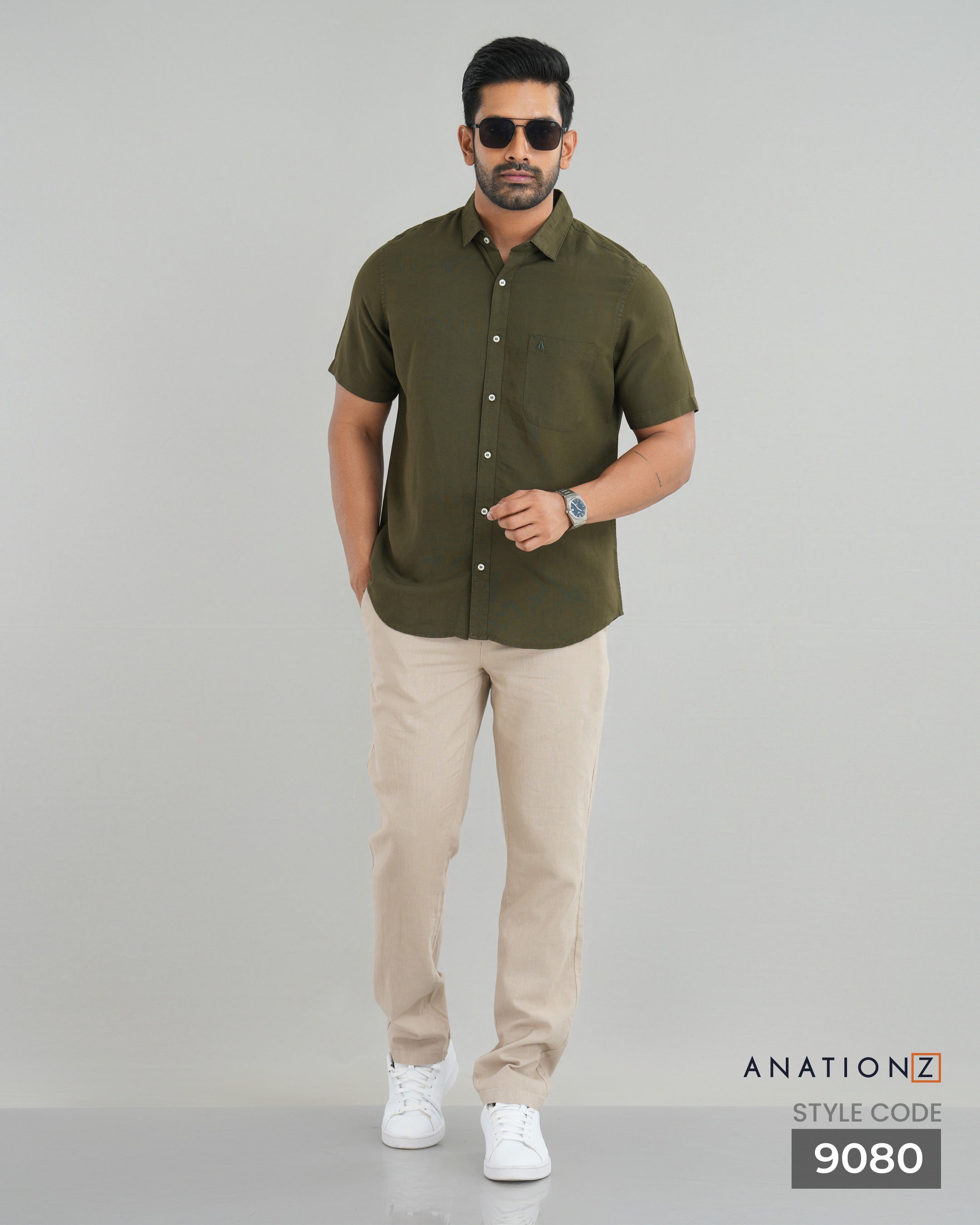 Viscose Linen Shirt with Curved Pocket - Olive