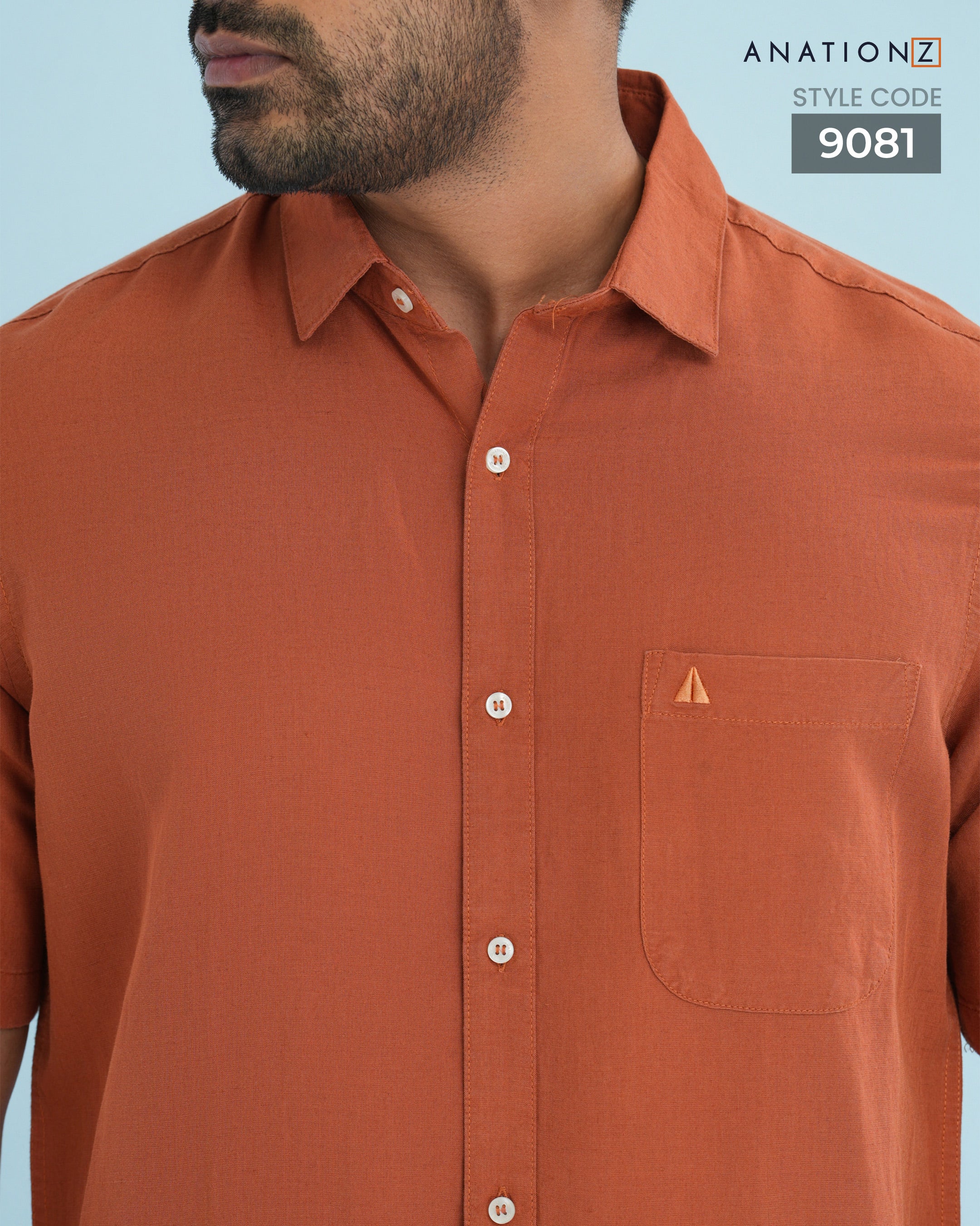 Viscose Linen Shirt with Curved Pocket - Burnt Orange