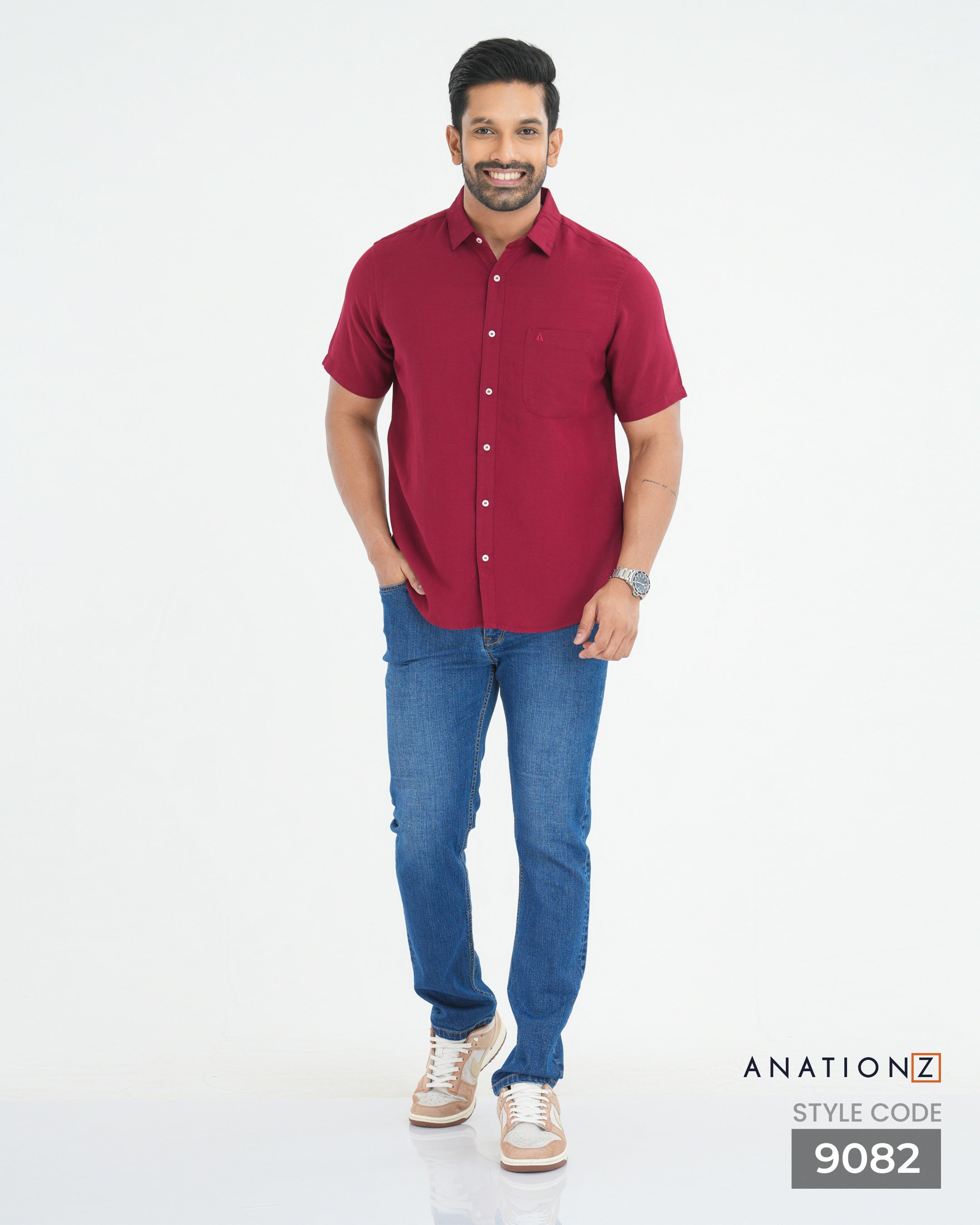 Viscose Linen Shirt with Curved Pocket - Red