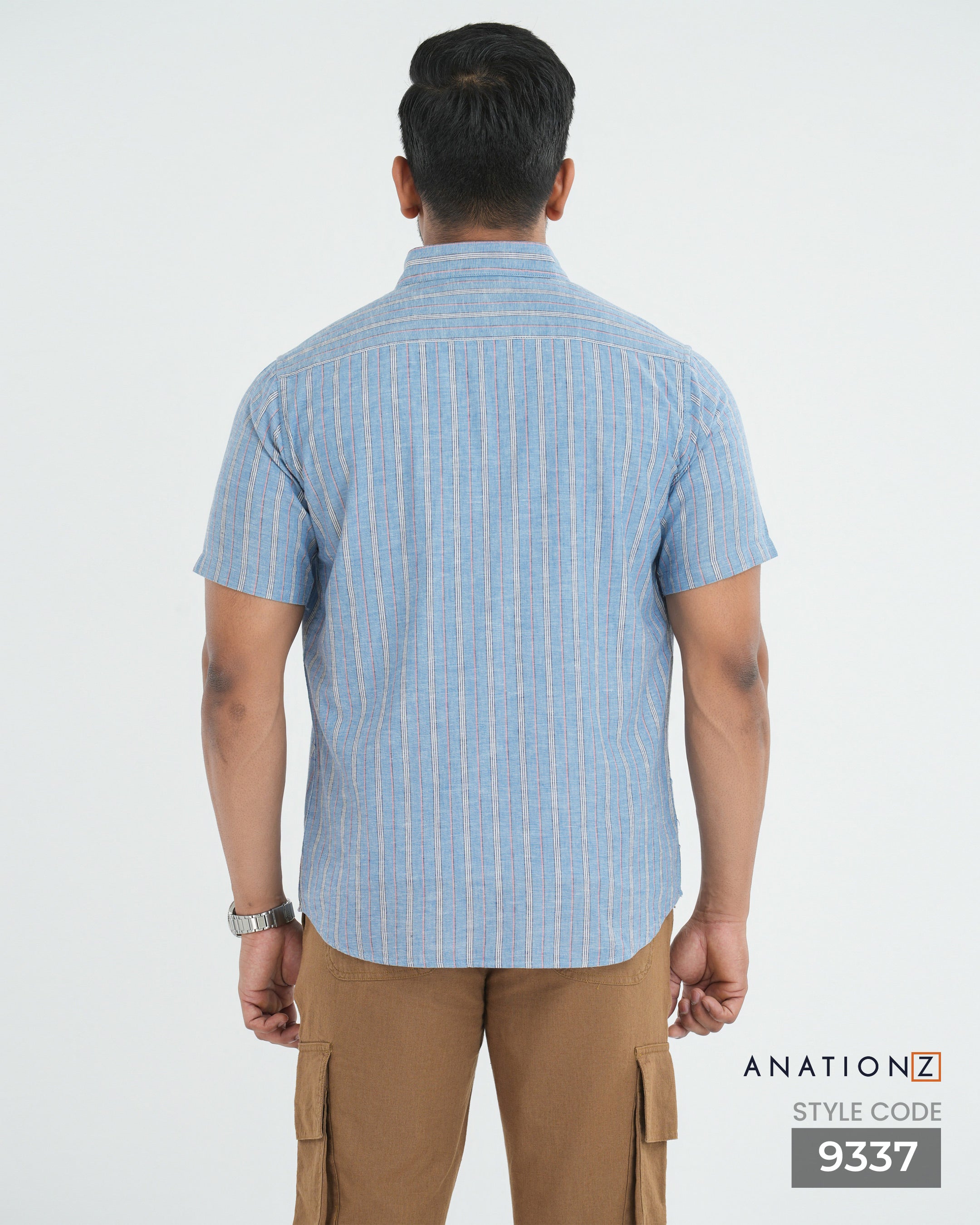 Linen Cotton Button Down Short Sleeve Stripe Shirt - Pastel Blue