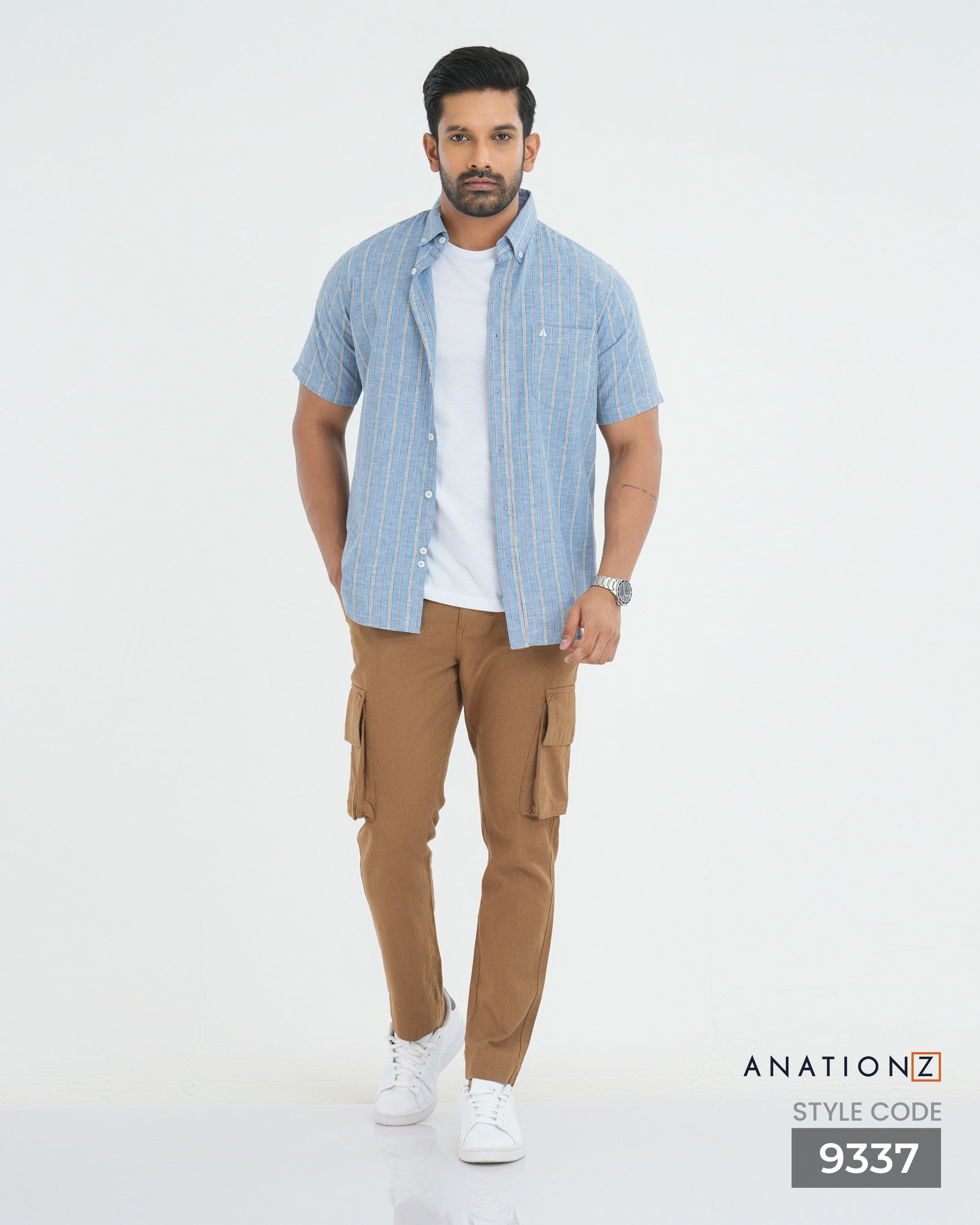 Linen Cotton Button Down Short Sleeve Stripe Shirt - Pastel Blue