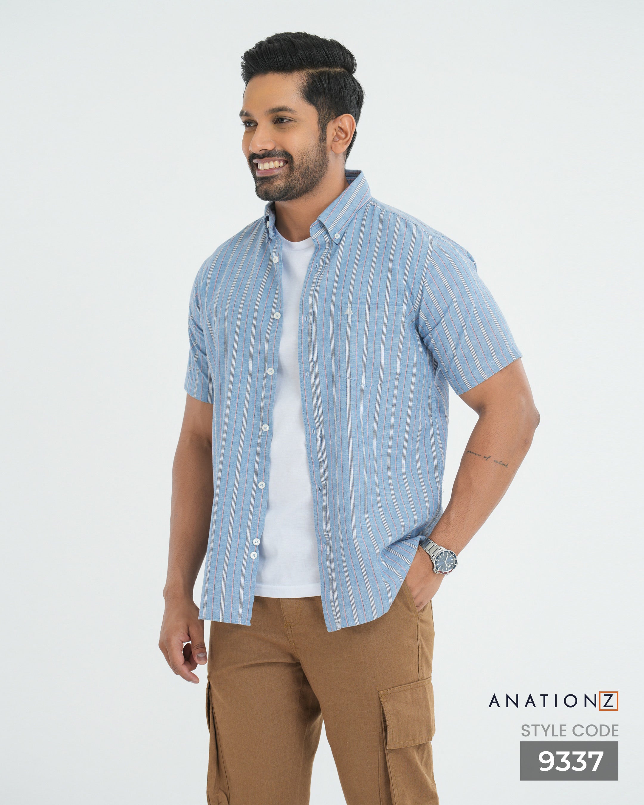 Linen Cotton Button Down Short Sleeve Stripe Shirt - Pastel Blue