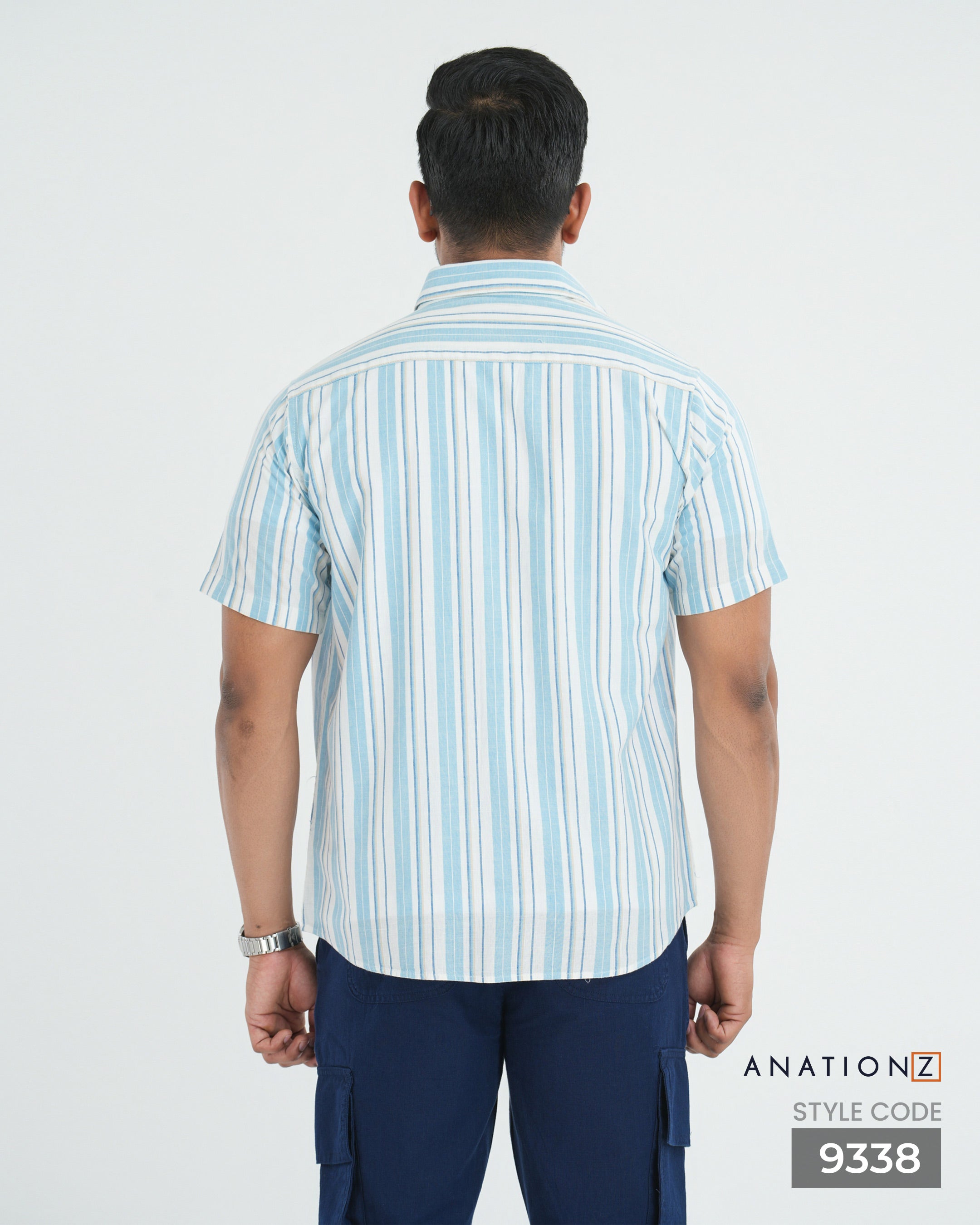 Linen Cotton Button Down Short Sleeve Stripe Shirt - Sky Blue