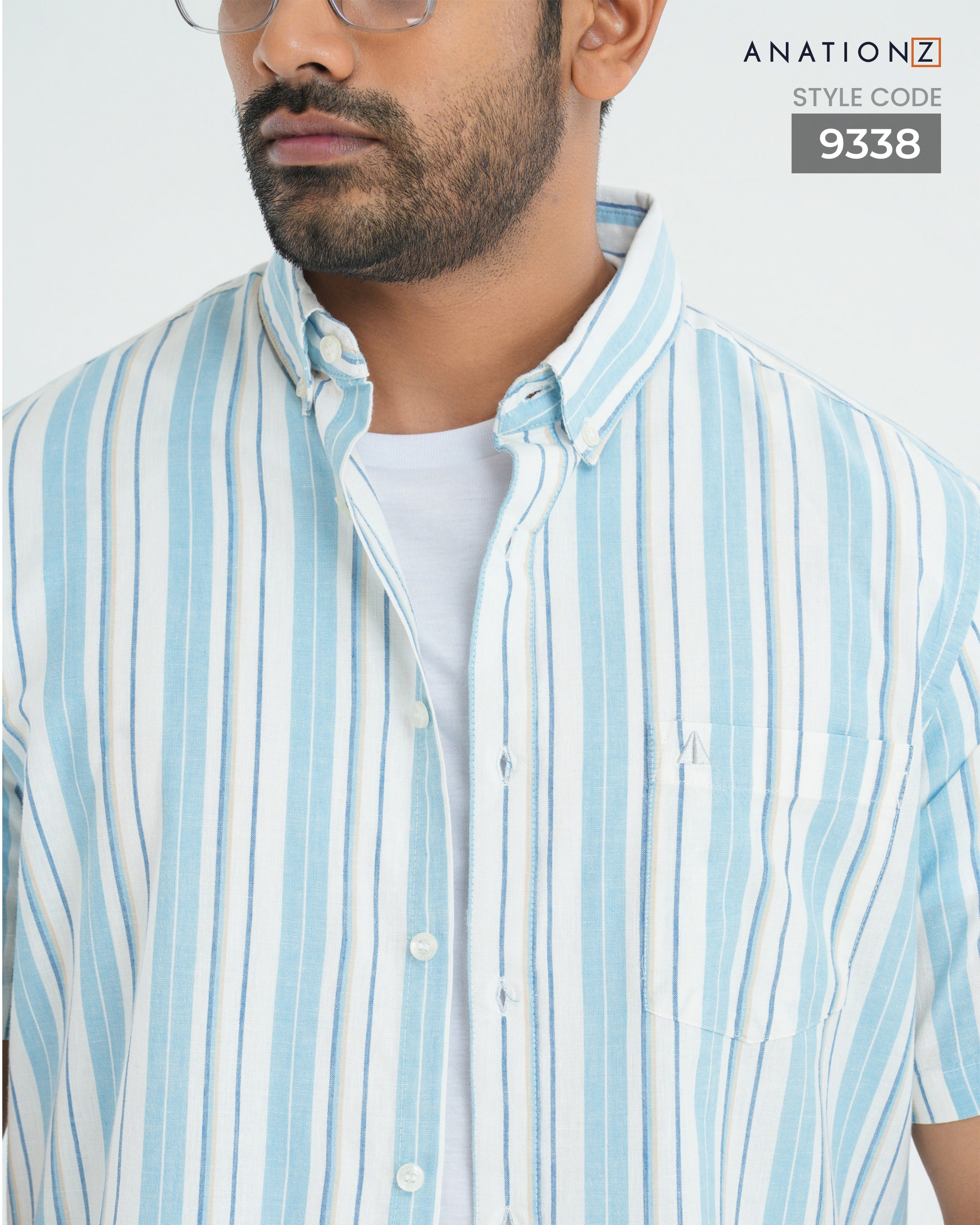 Linen Cotton Button Down Short Sleeve Stripe Shirt - Sky Blue