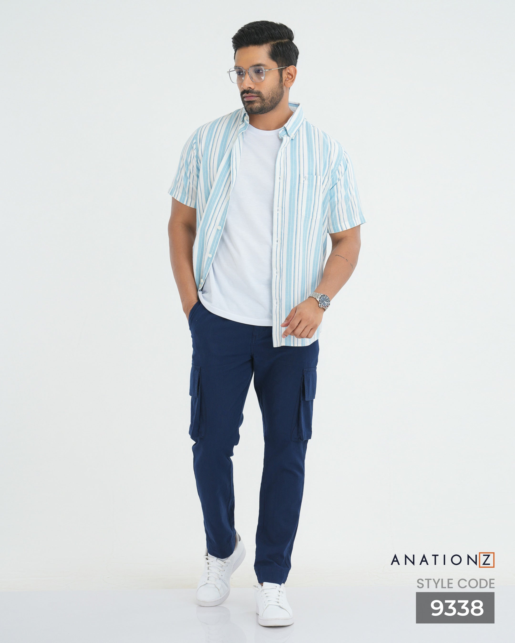 Linen Cotton Button Down Short Sleeve Stripe Shirt - Sky Blue