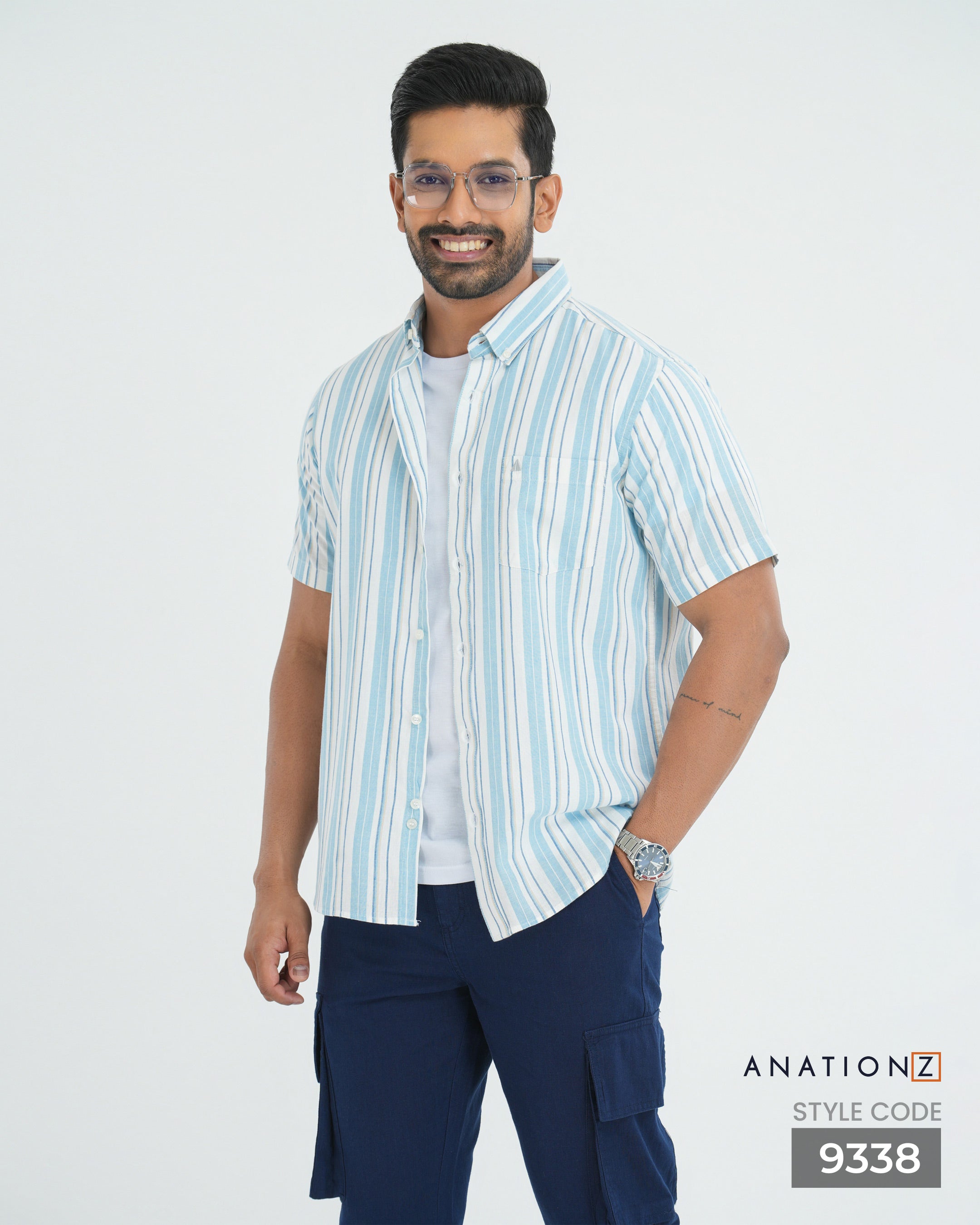 Linen Cotton Button Down Short Sleeve Stripe Shirt - Sky Blue