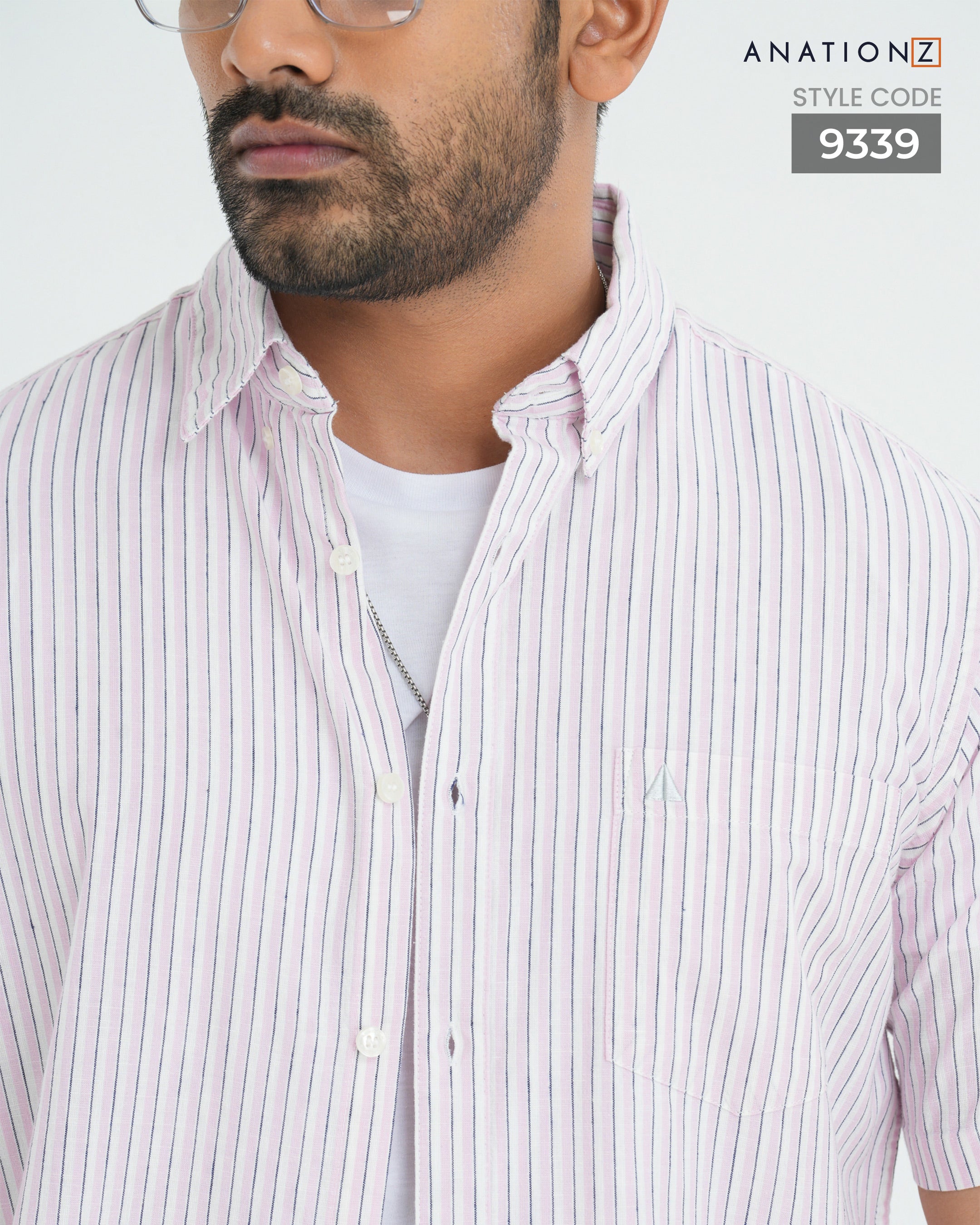 Linen Cotton Button Down Short Sleeve Stripe Shirt - Soft Pink