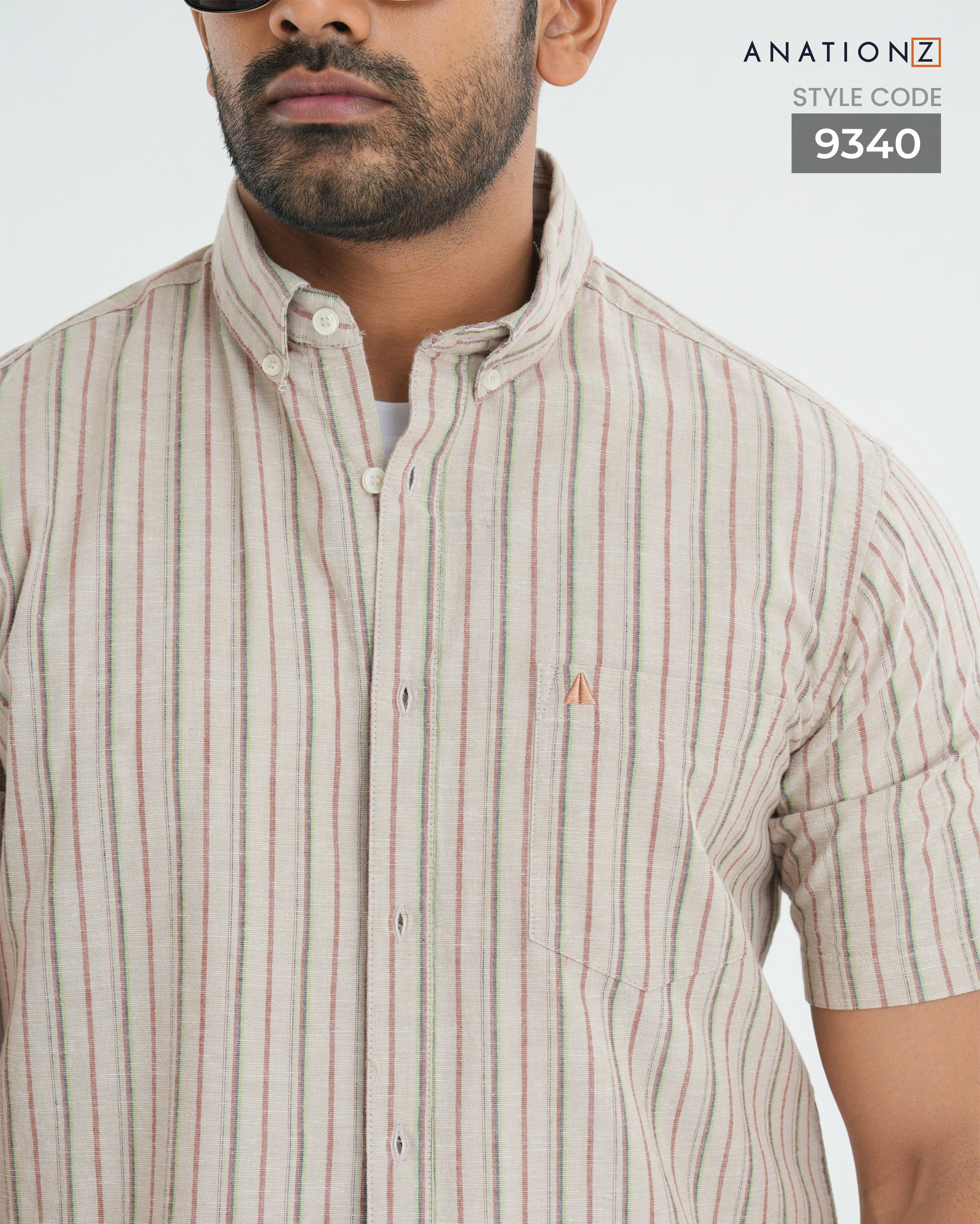 Linen Cotton Button Down Short Sleeve Stripe Shirt - Beige