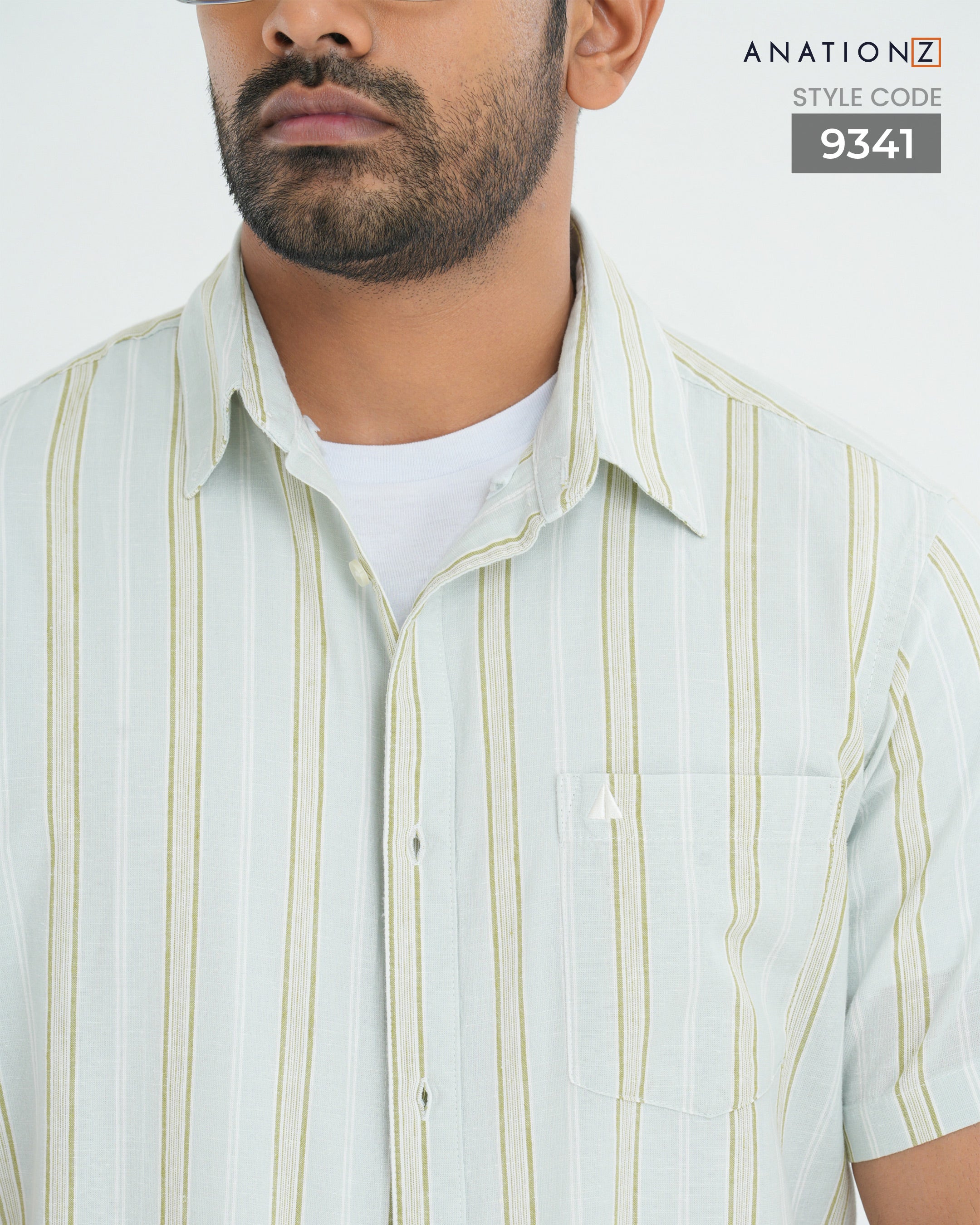 Linen Cotton Button Down Short Sleeve Stripe Shirt - Sage