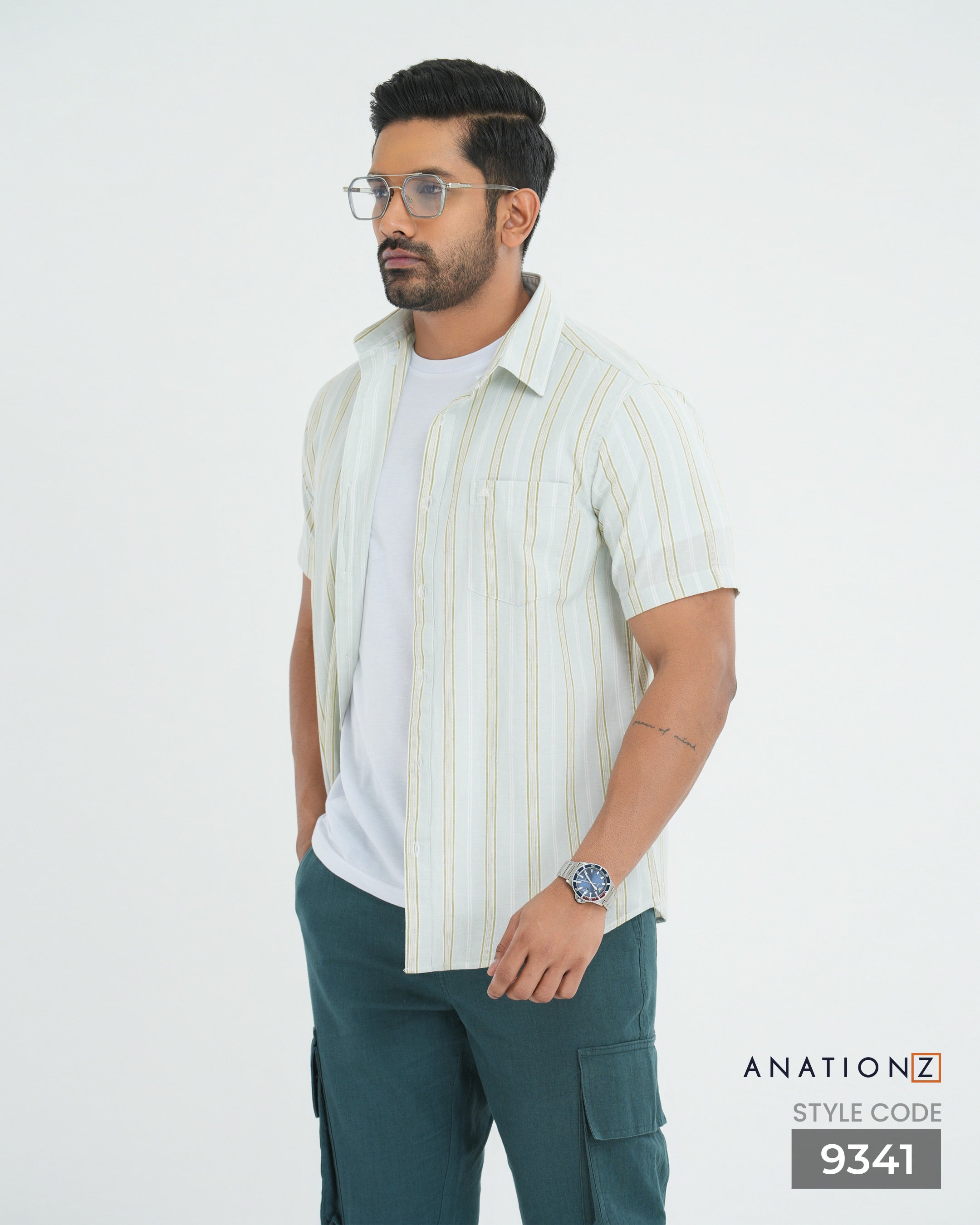 Linen Cotton Button Down Short Sleeve Stripe Shirt - Sage