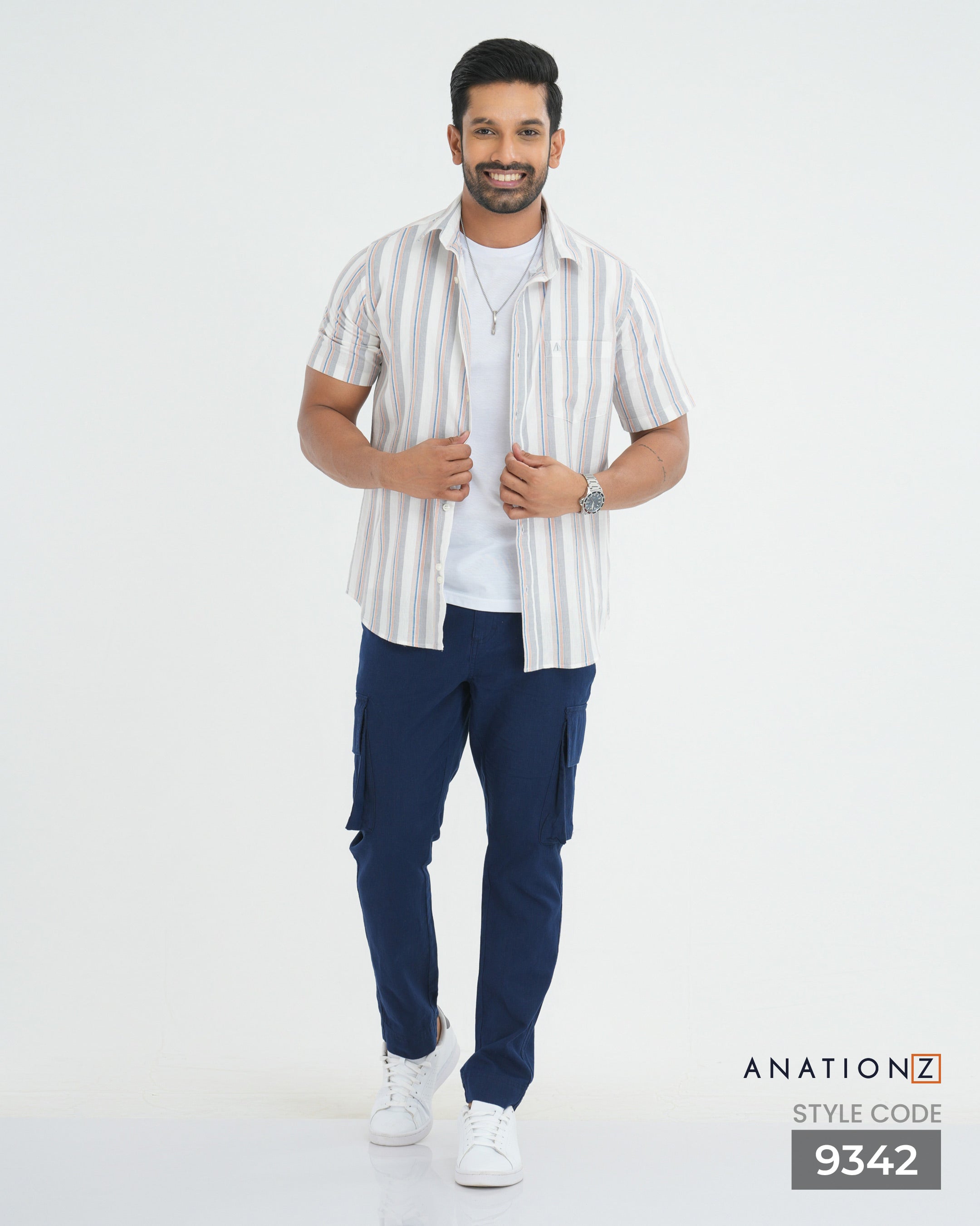 Linen Cotton Button Down Short Sleeve Stripe Shirt - White