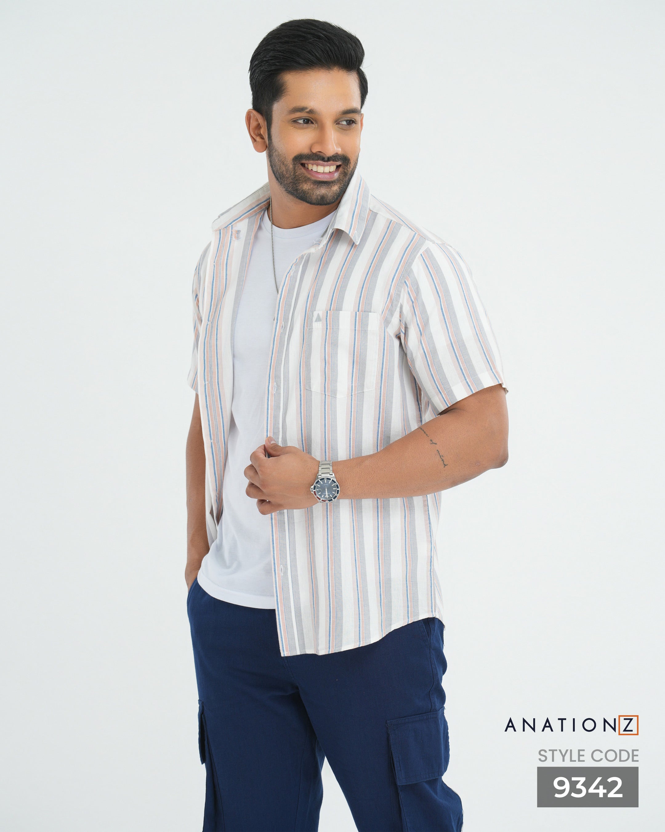 Linen Cotton Button Down Short Sleeve Stripe Shirt - White