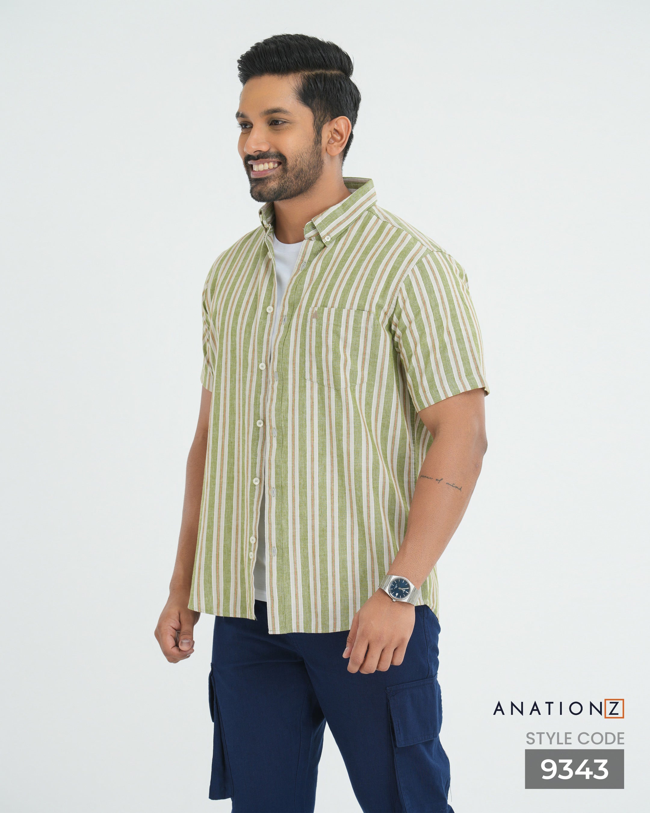 Linen Cotton Button Down Short Sleeve Stripe Shirt - Pastel Green