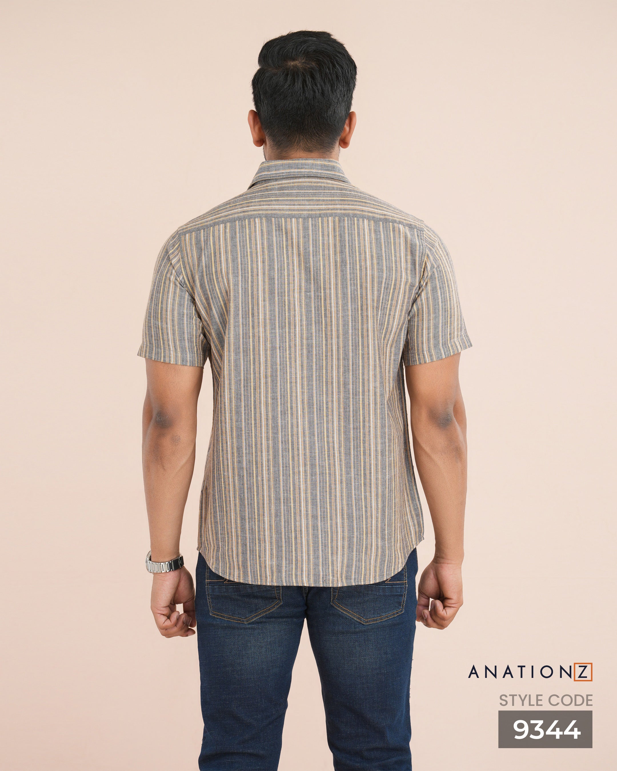 Linen Cotton Stripe Short Sleeve Shirt - Grey