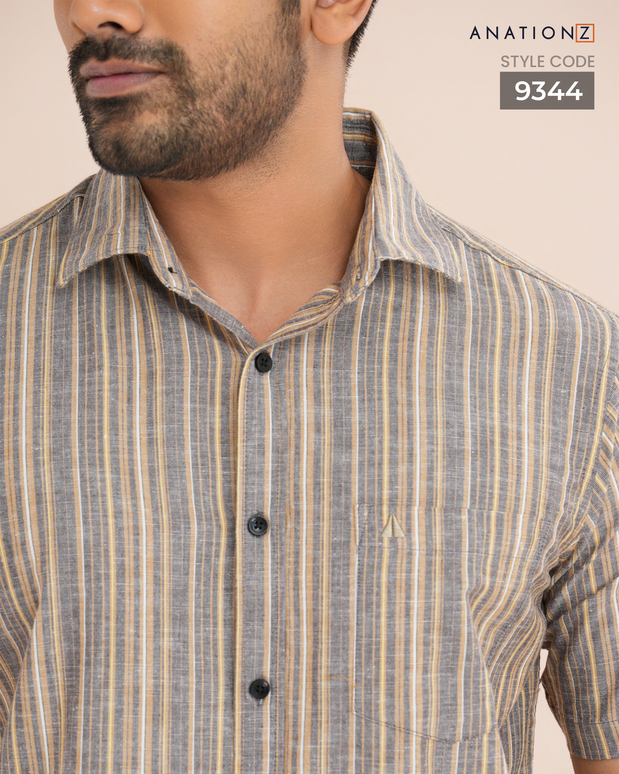 Linen Cotton Stripe Short Sleeve Shirt - Grey