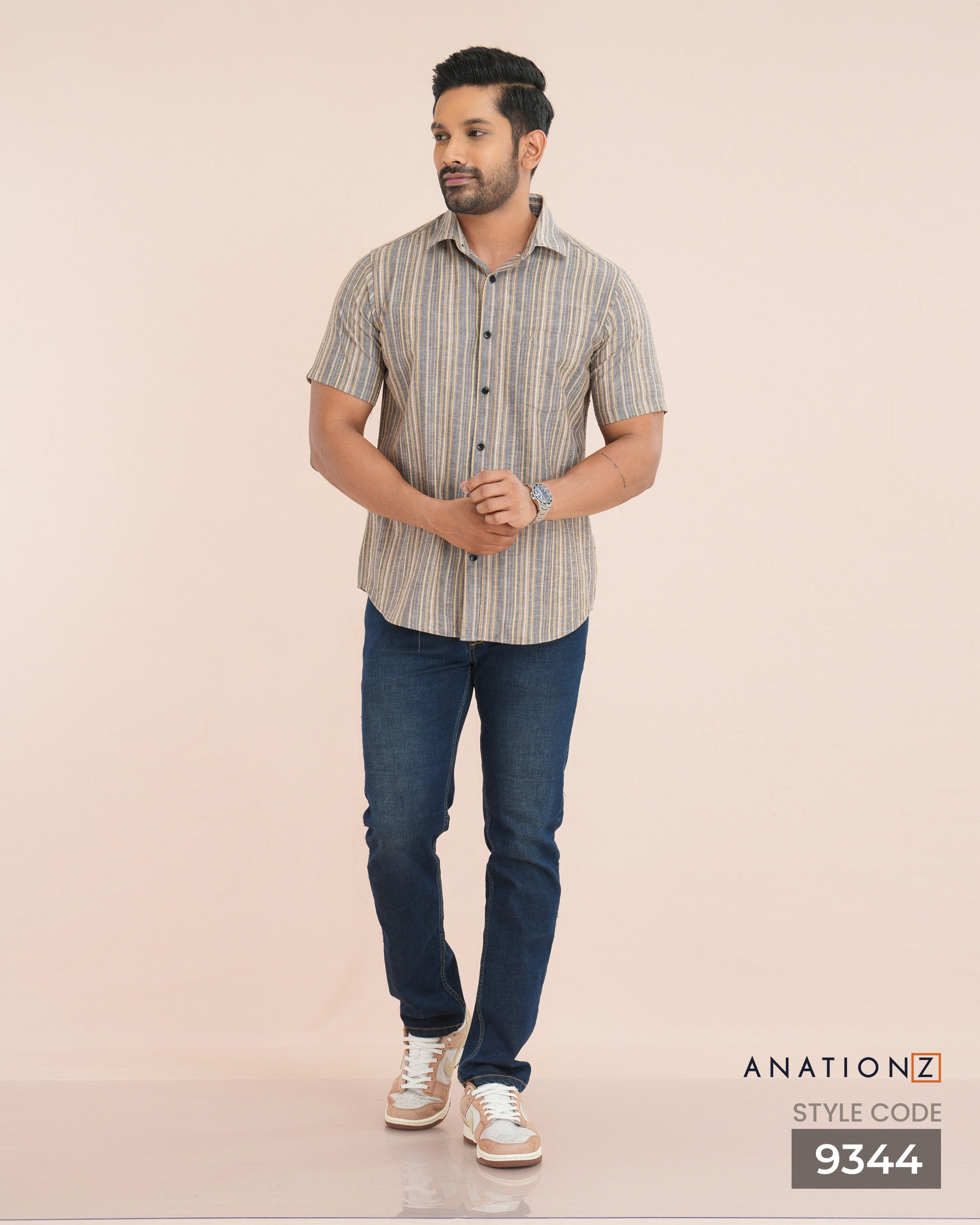 Linen Cotton Stripe Short Sleeve Shirt - Grey