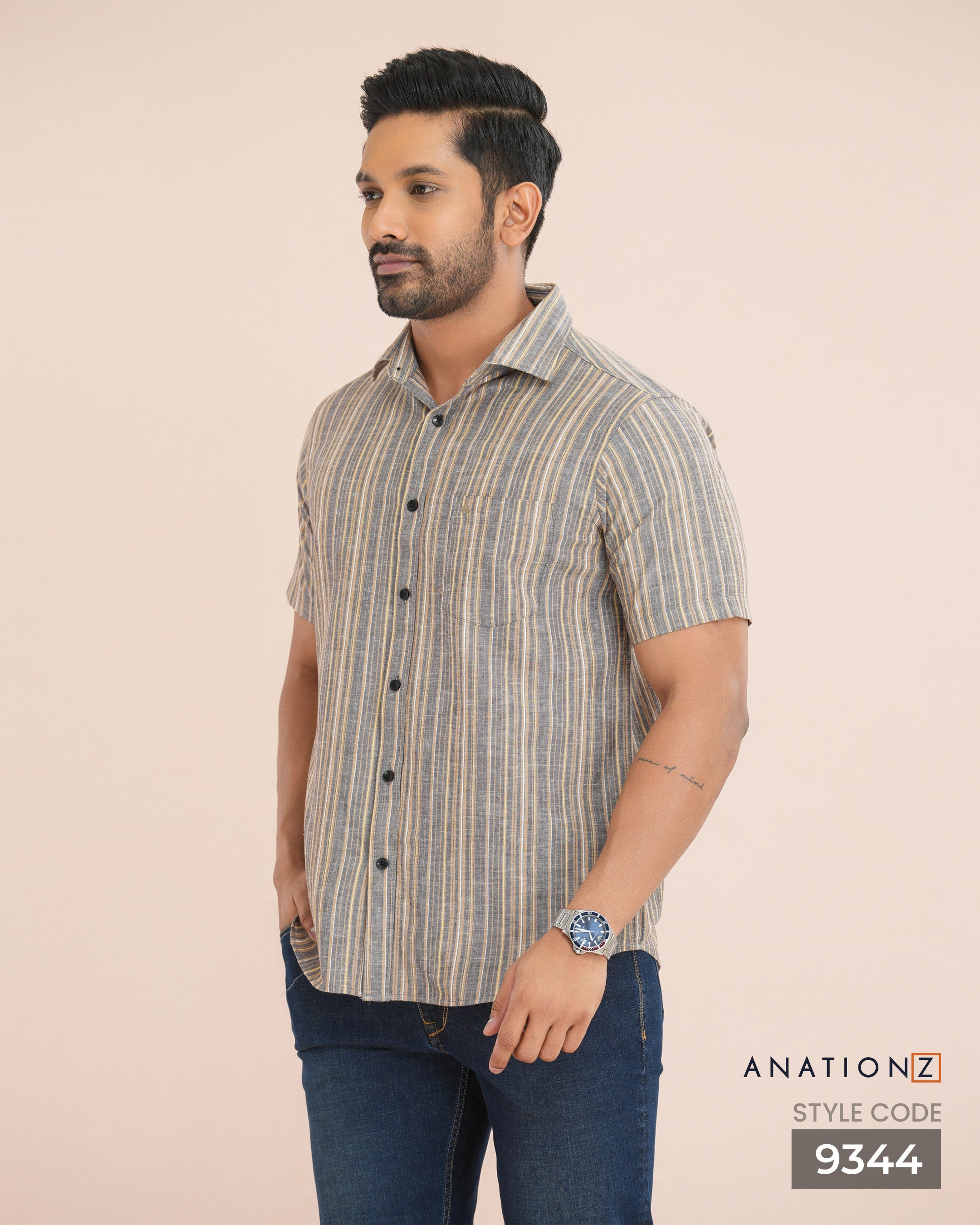 Linen Cotton Stripe Short Sleeve Shirt - Grey