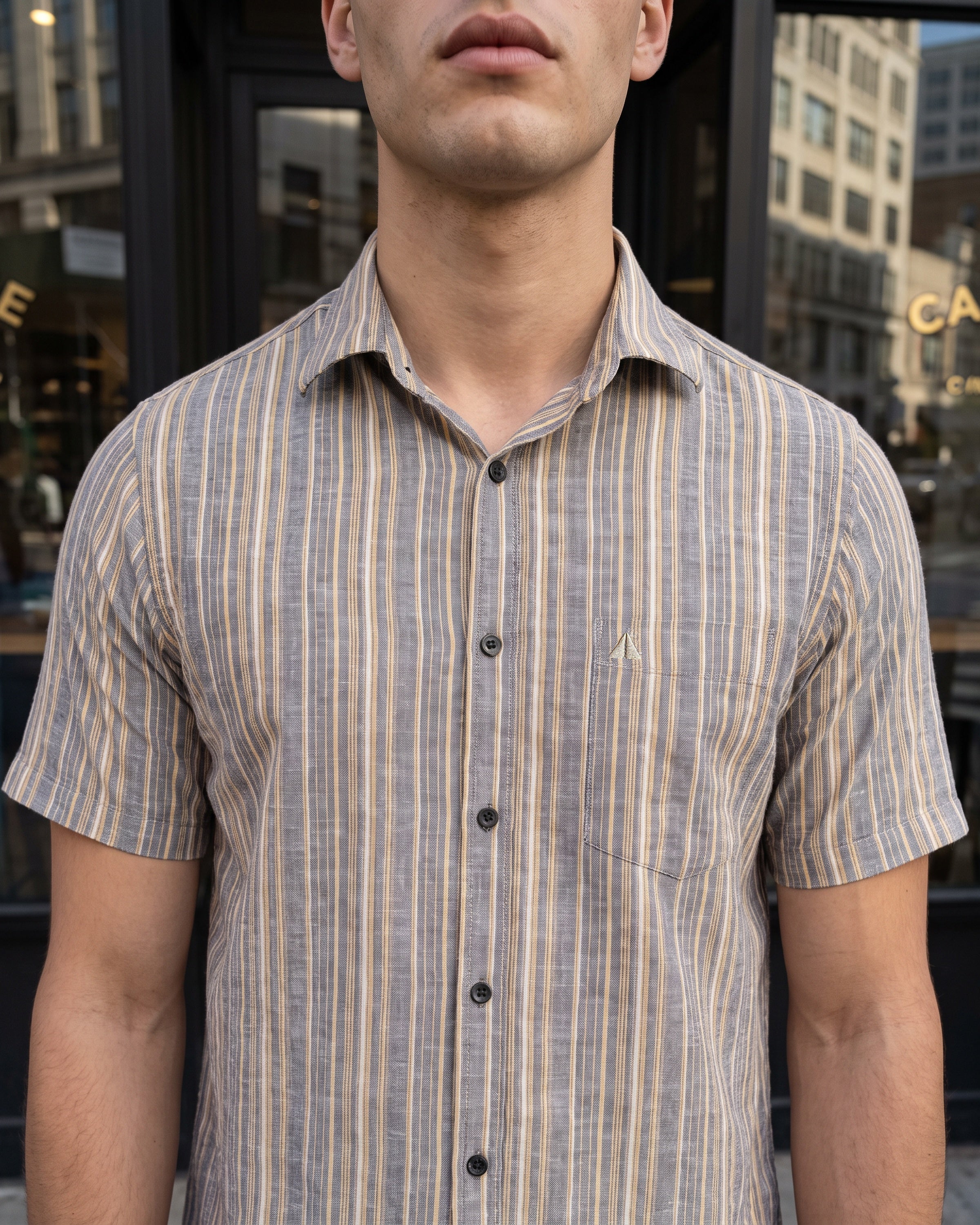 Linen Cotton Stripe Short Sleeve Shirt - Grey