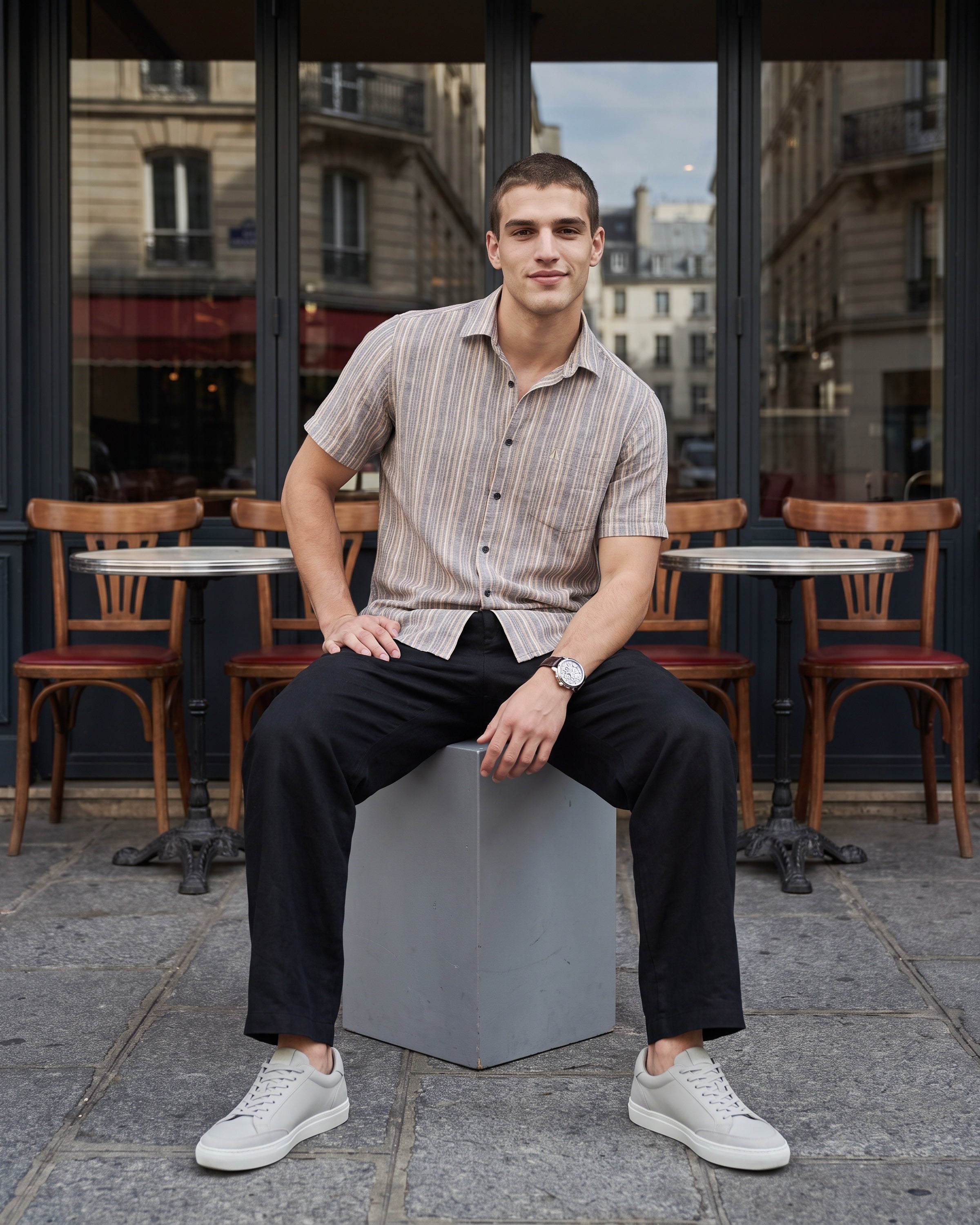 Linen Cotton Stripe Short Sleeve Shirt - Grey