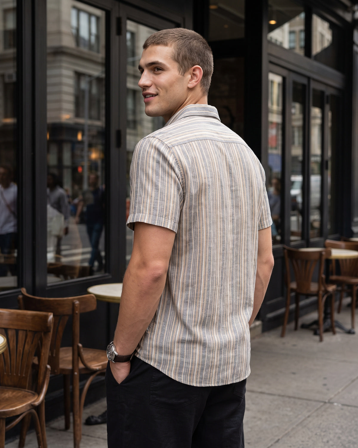 Linen Cotton Stripe Short Sleeve Shirt - Grey
