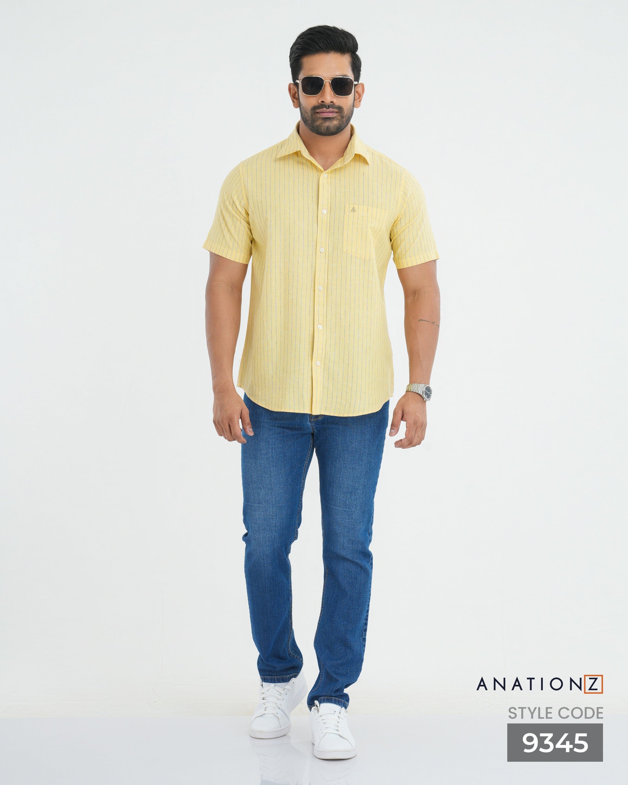 Linen Cotton Stripe Short Sleeve Shirt - Yellow