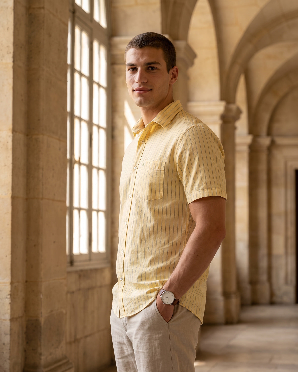 Heritage Linen Stripe Short Sleeve Shirt - Mustard
