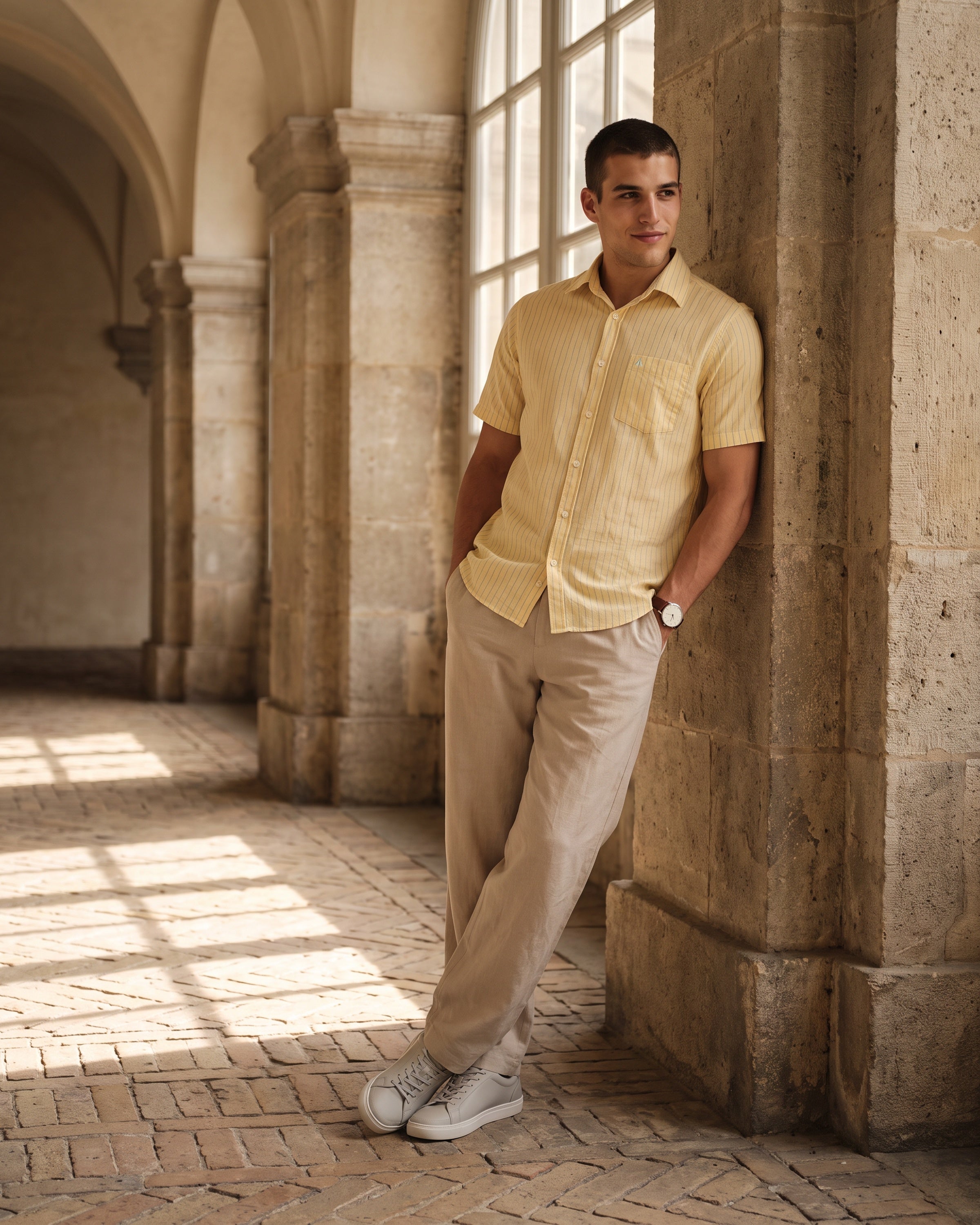 Heritage Linen Stripe Short Sleeve Shirt - Mustard