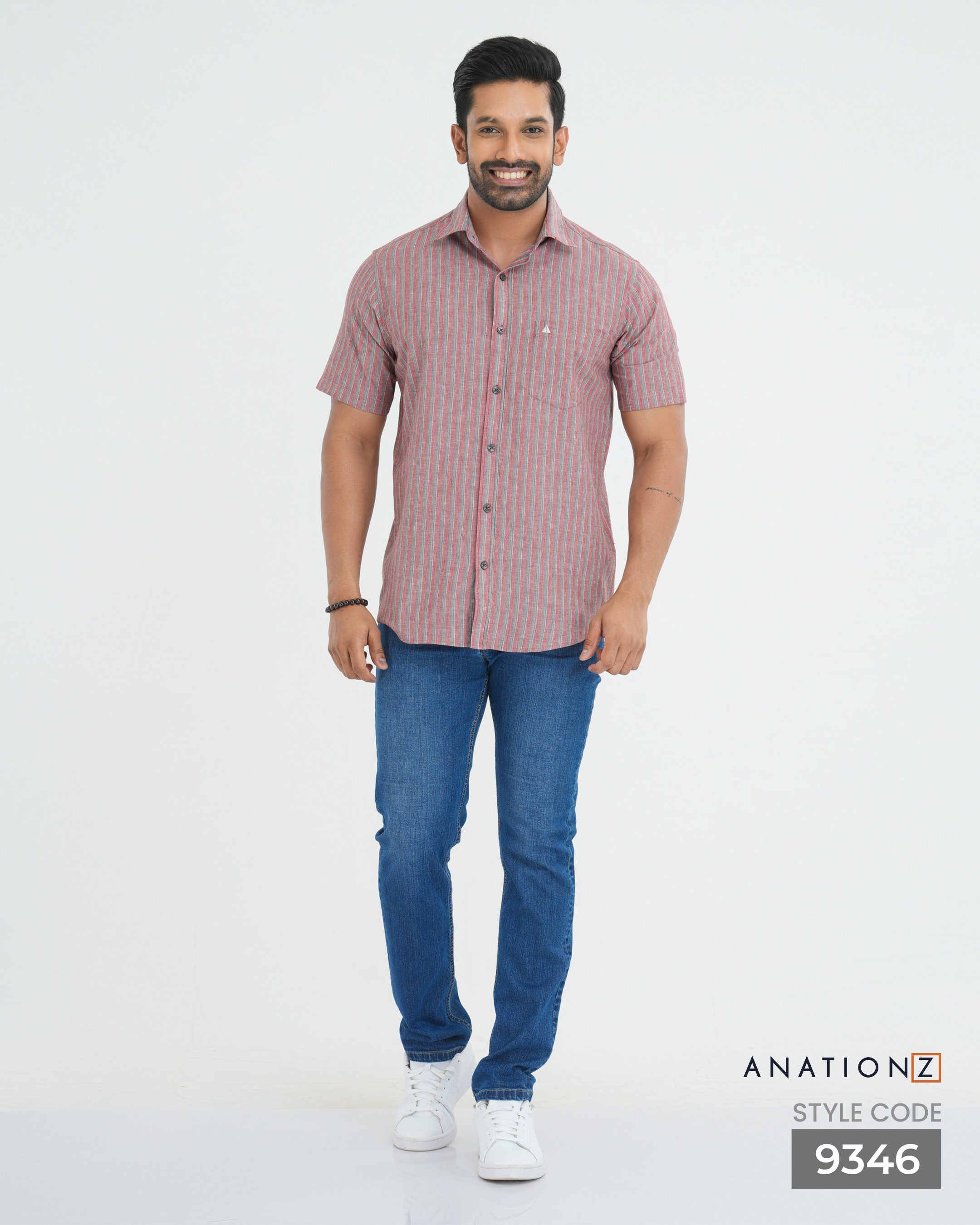 Linen Cotton Stripe Short Sleeve Shirt - Dusty Rose