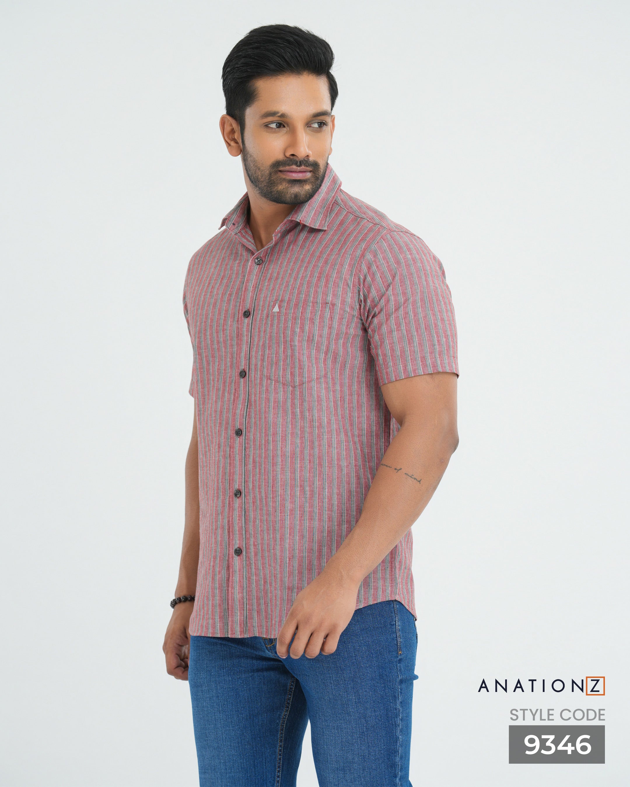 Linen Cotton Stripe Short Sleeve Shirt - Dusty Rose