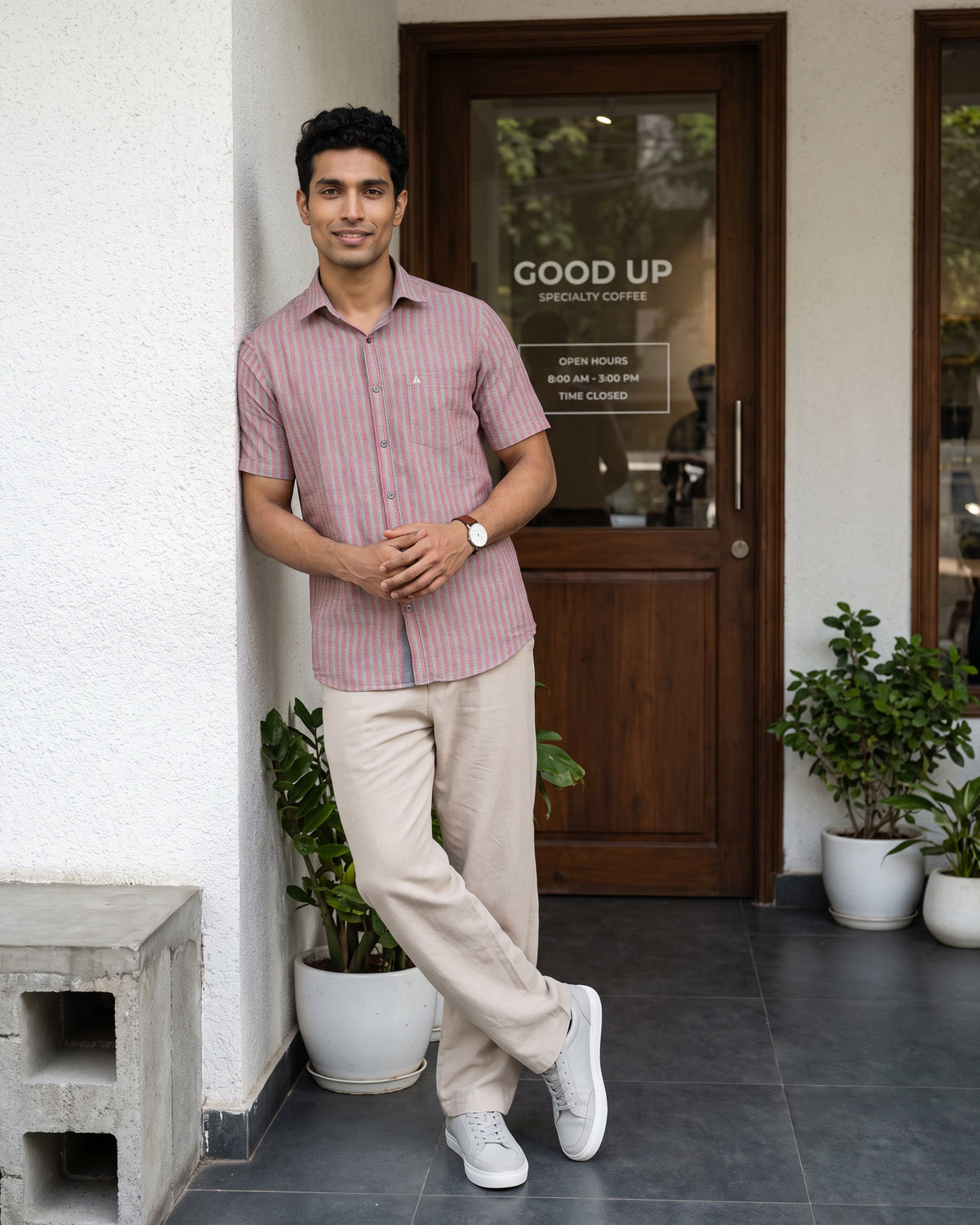 AnationZ Heritage Linen Stripe Short Sleeve Shirt - Rose Dusk Sri Lanka