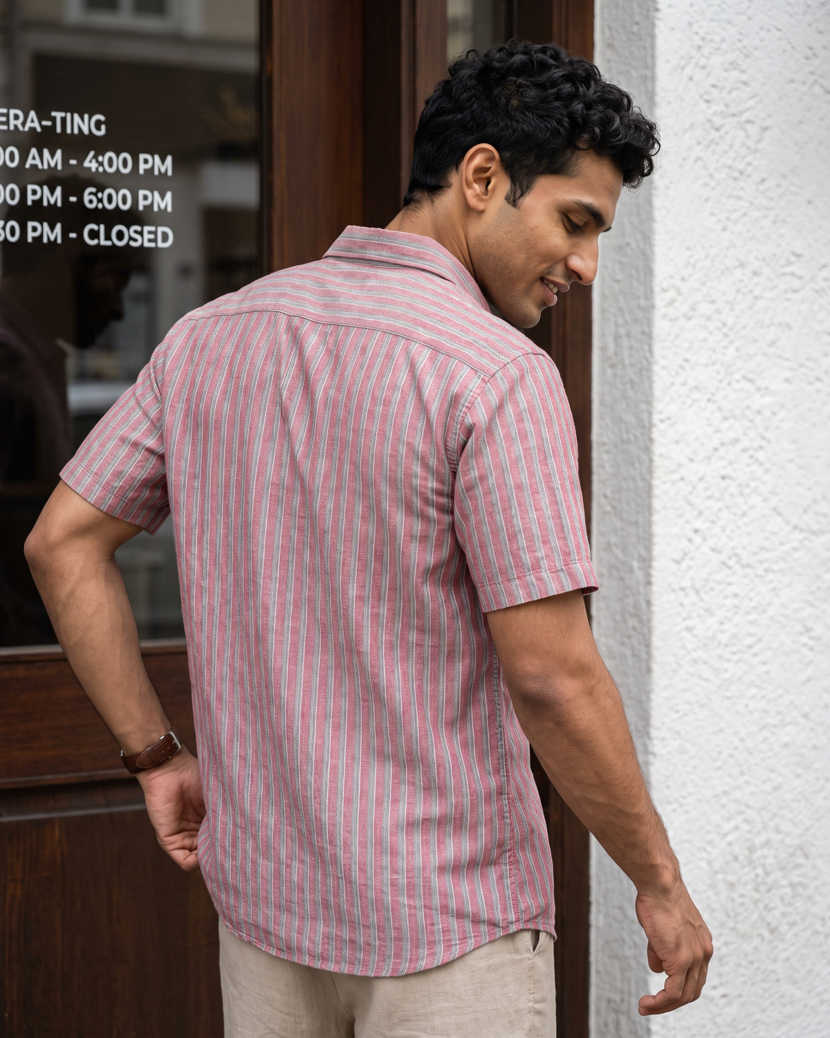 AnationZ Heritage Linen Stripe Short Sleeve Shirt - Rose Dusk Sri Lanka