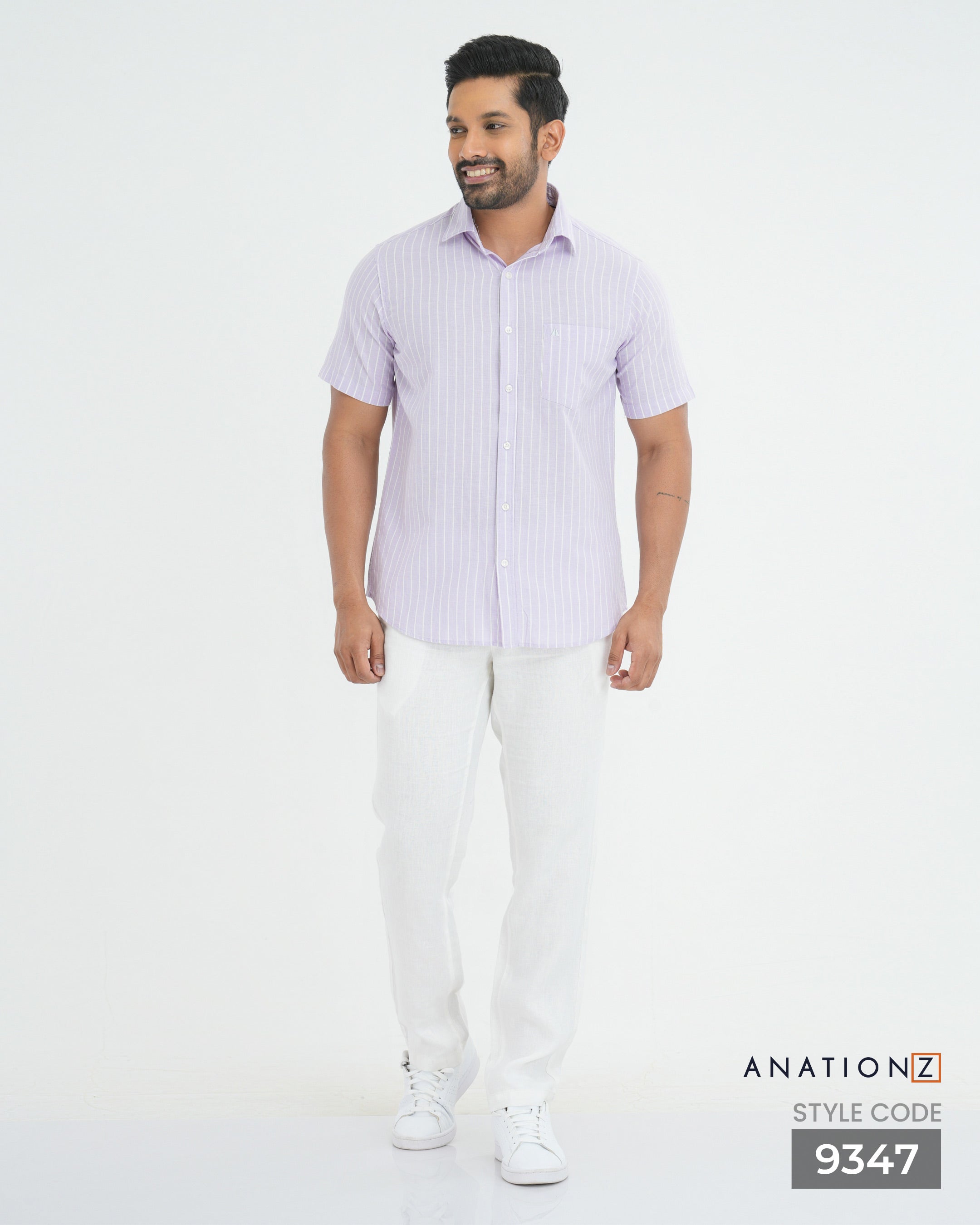 Linen Cotton Stripe Short Sleeve Shirt - Purple