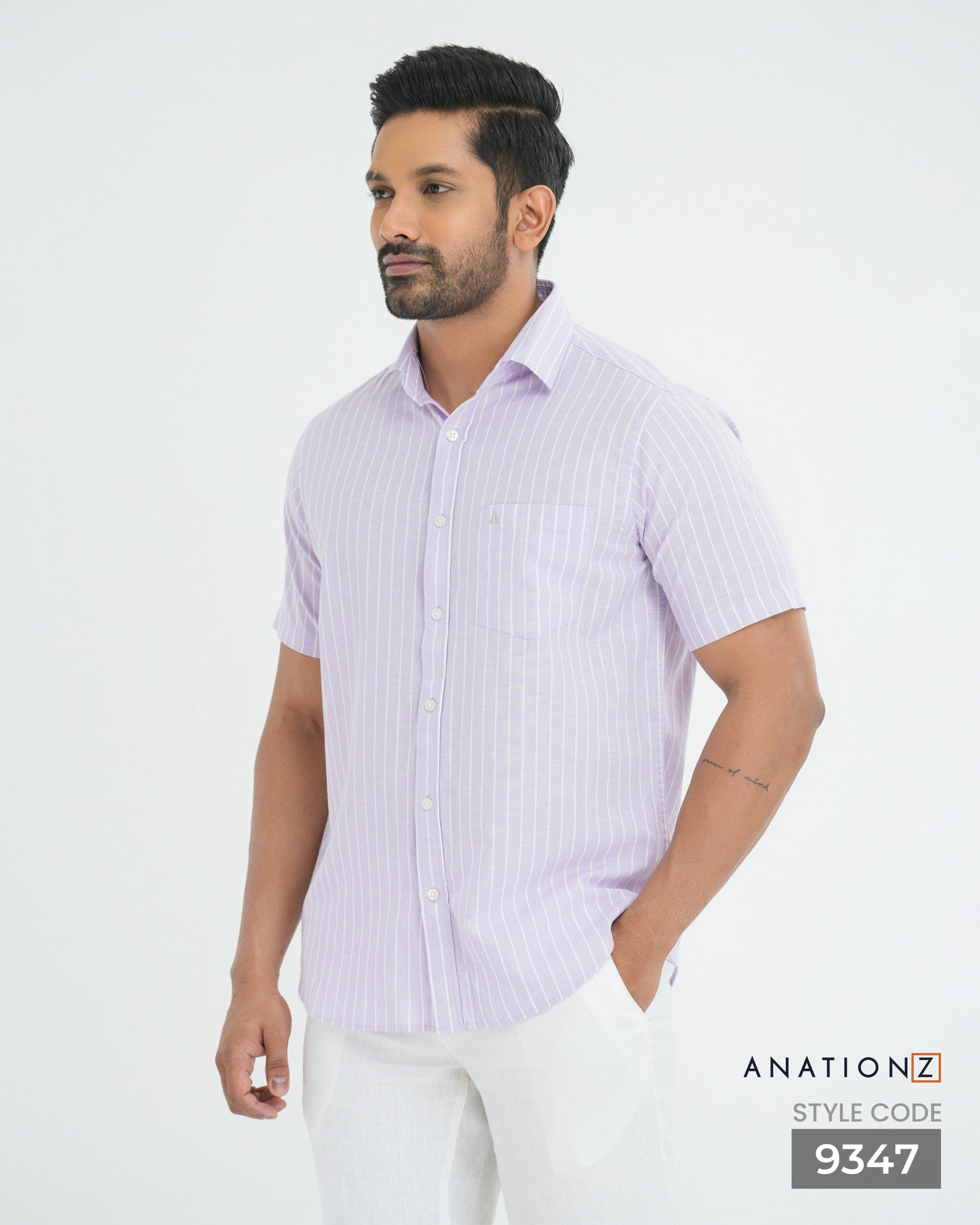 Linen Cotton Stripe Short Sleeve Shirt - Purple