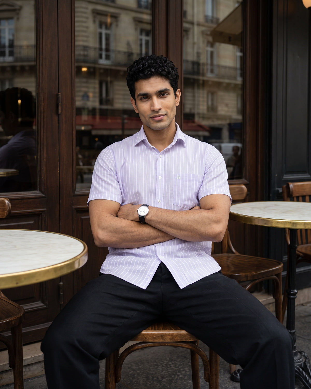 AnationZ Heritage Linen Stripe Short Sleeve Shirt - Crushed Violet Sri Lanka