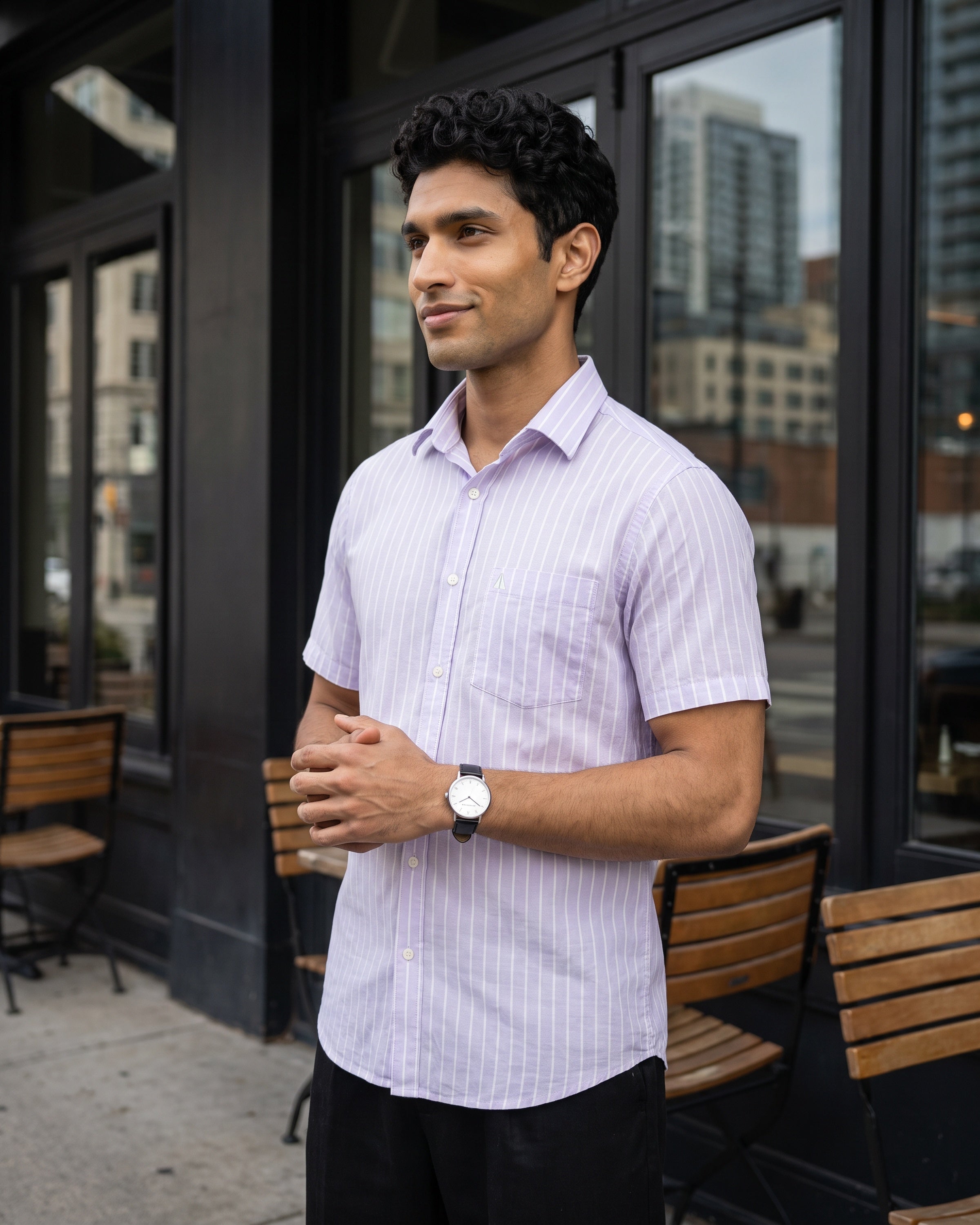 AnationZ Heritage Linen Stripe Short Sleeve Shirt - Crushed Violet Sri Lanka