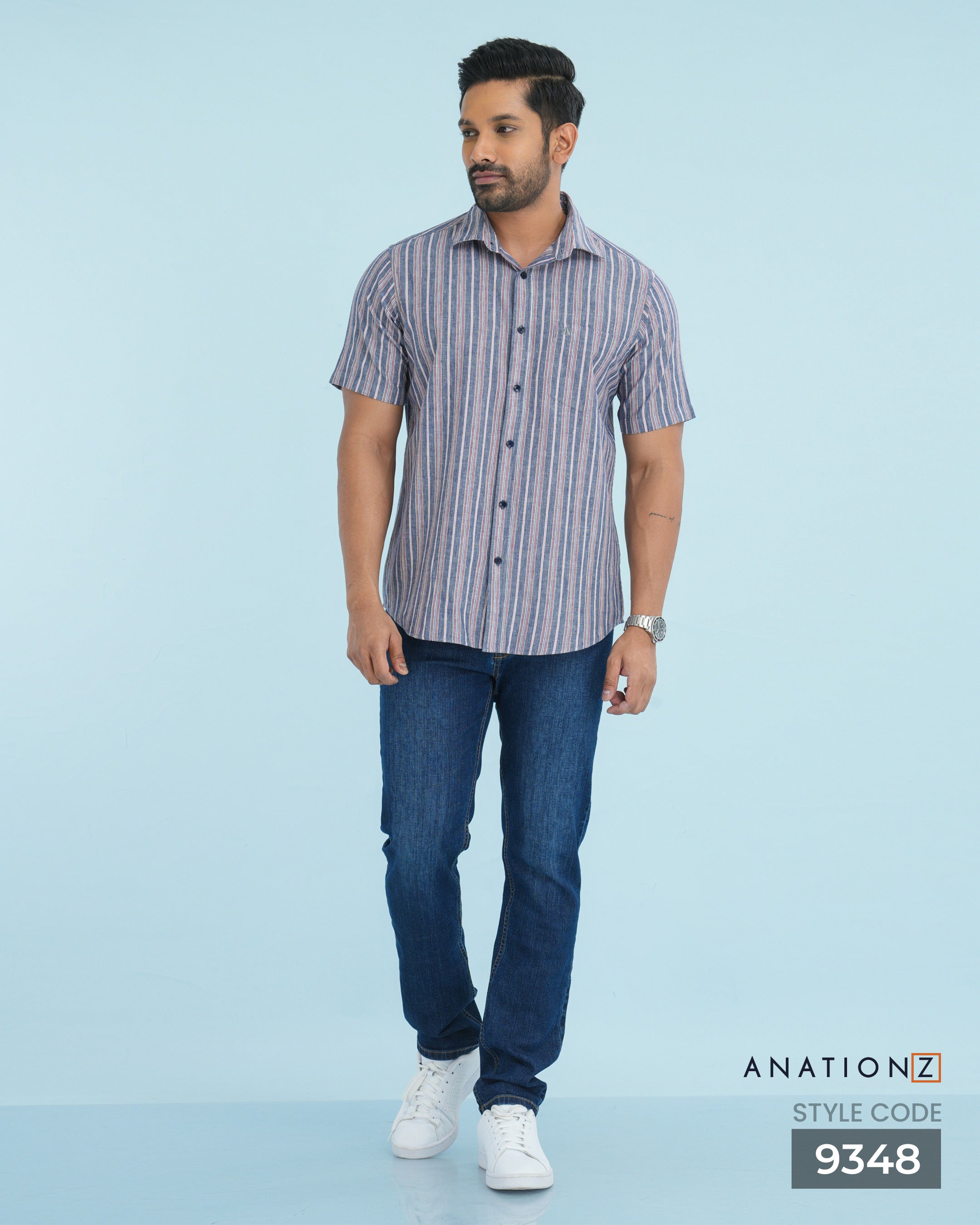 Linen Cotton Stripe Short Sleeve Shirt - Grey