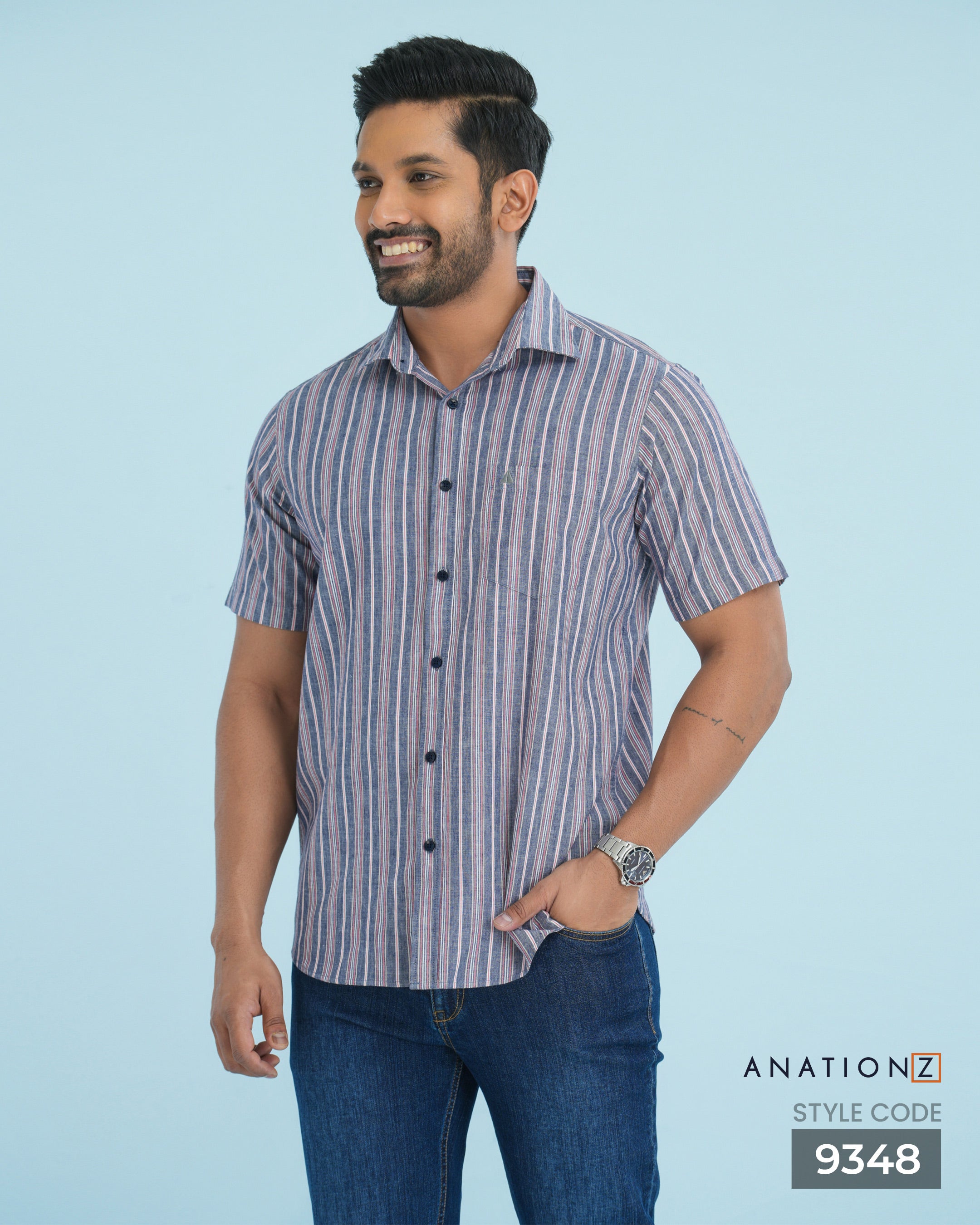 Linen Cotton Stripe Short Sleeve Shirt - Grey