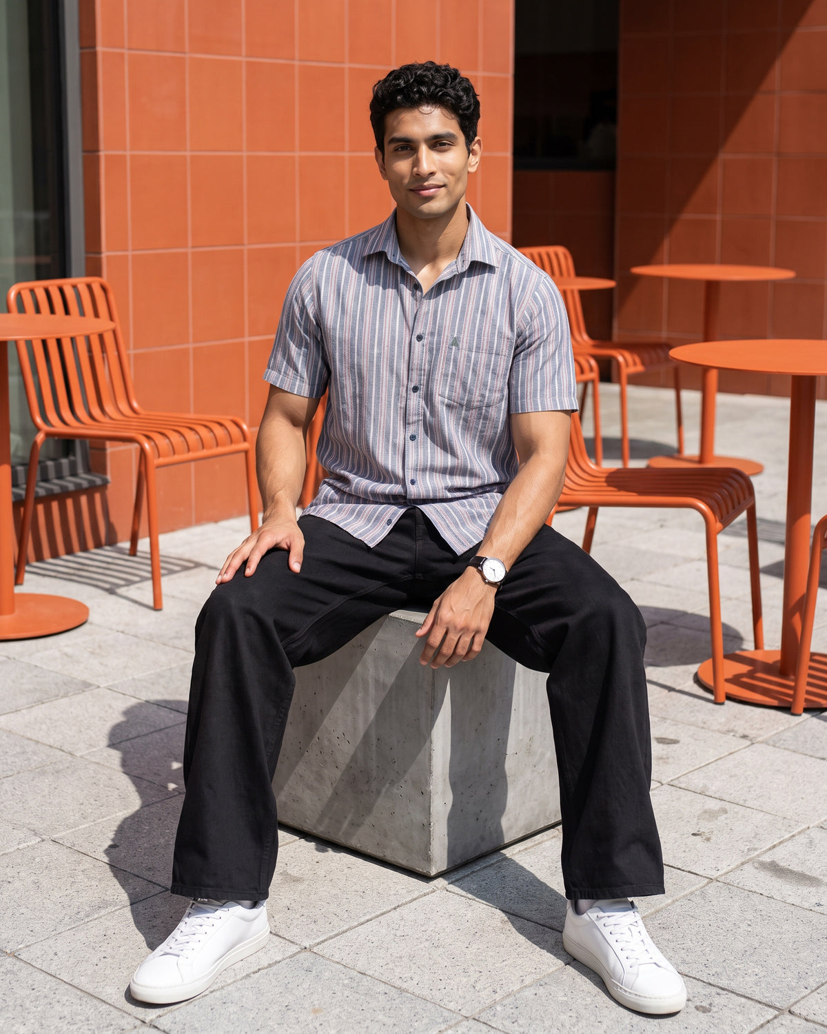 Linen Cotton Stripe Short Sleeve Shirt - Grey