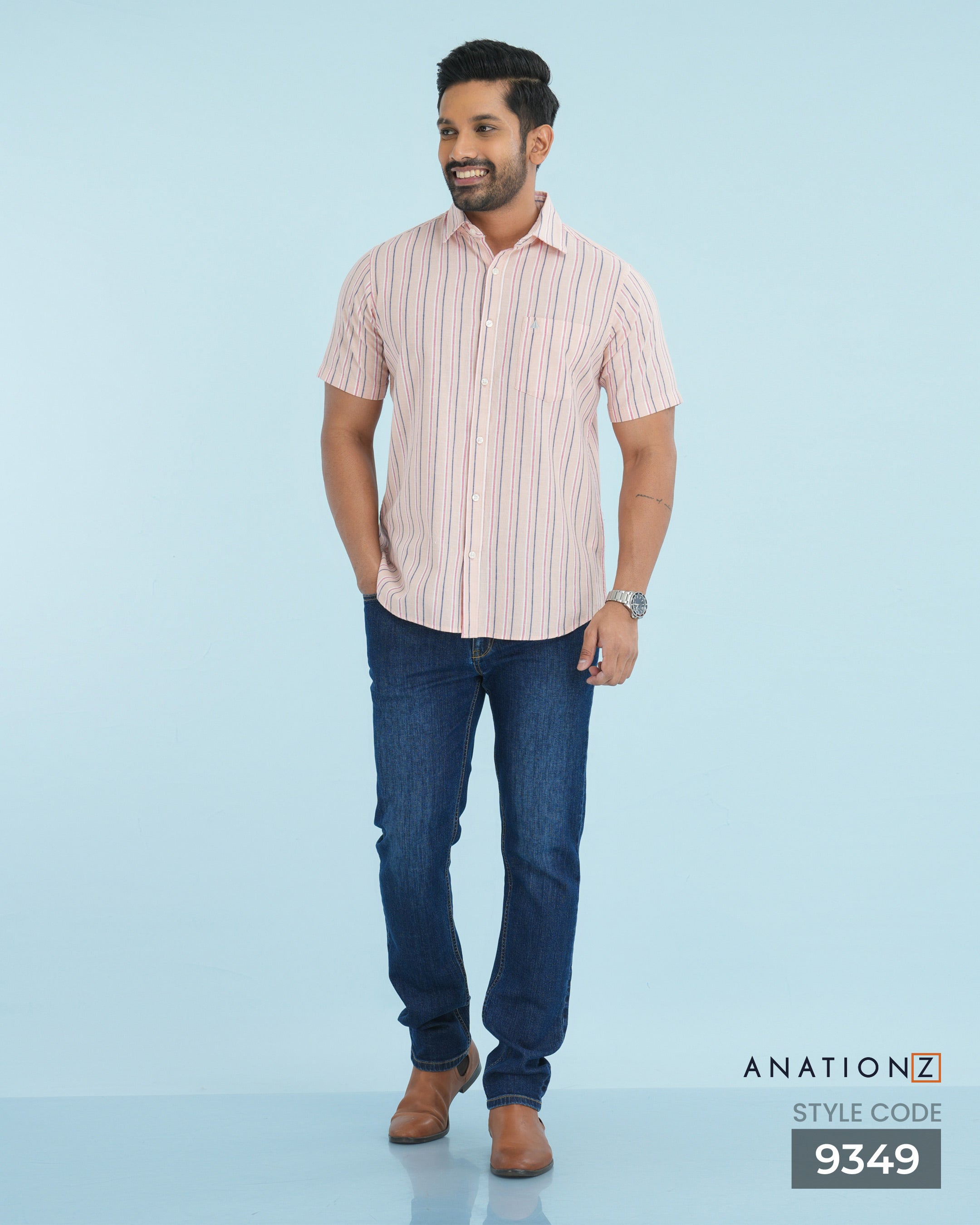 Linen Cotton Stripe Short Sleeve Shirt - Pink