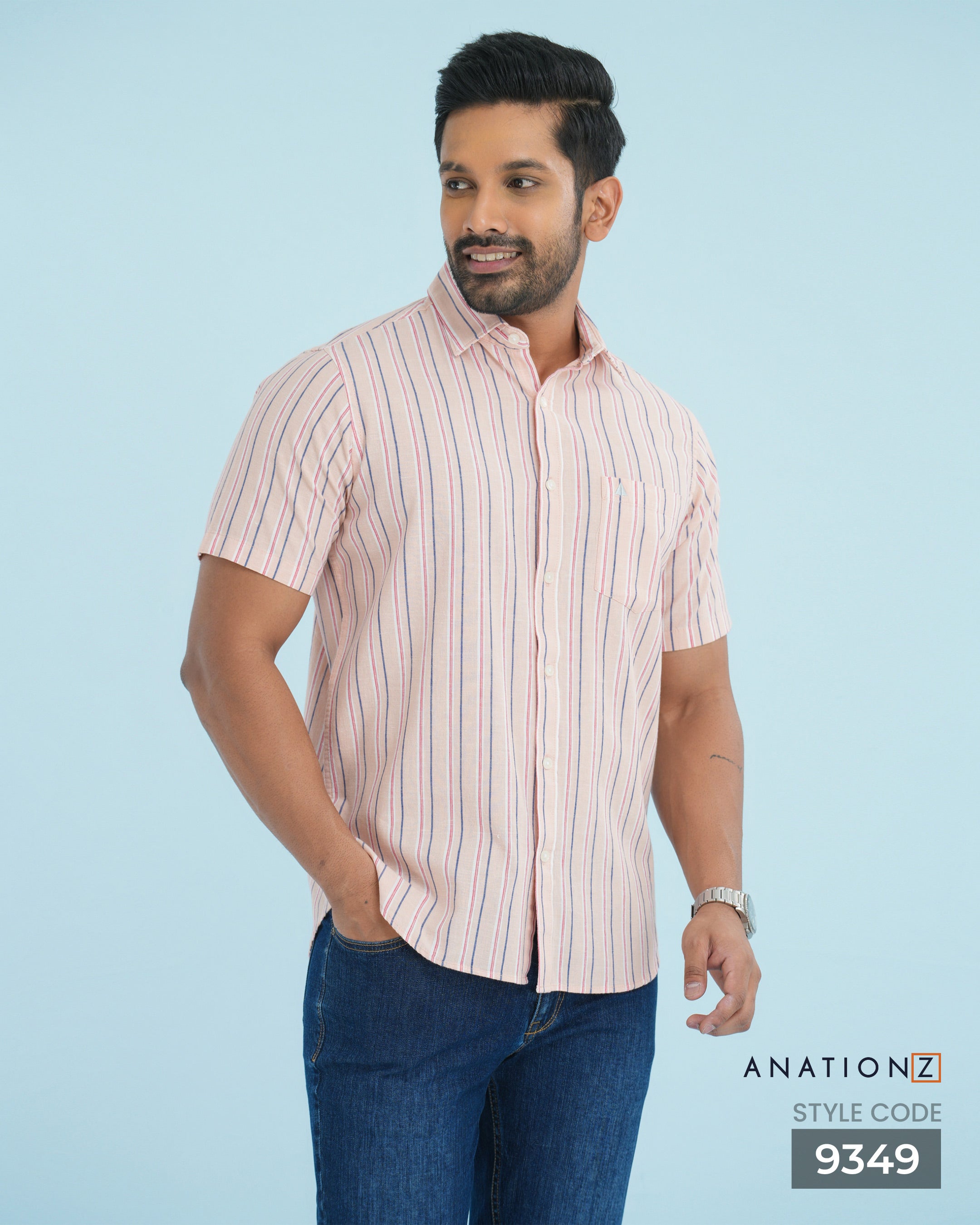 Linen Cotton Stripe Short Sleeve Shirt - Pink