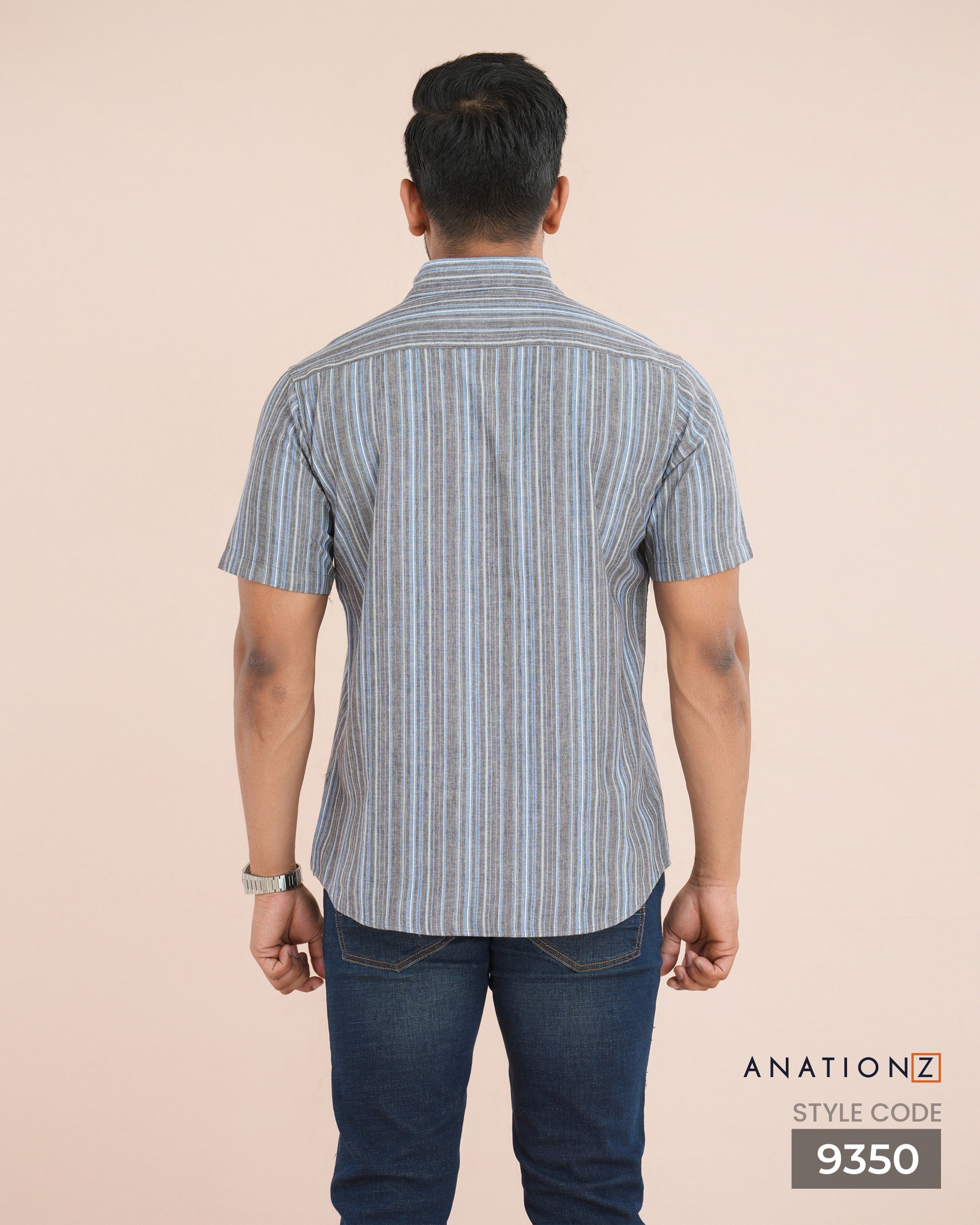 Linen Cotton Stripe Short Sleeve Shirt - Grey