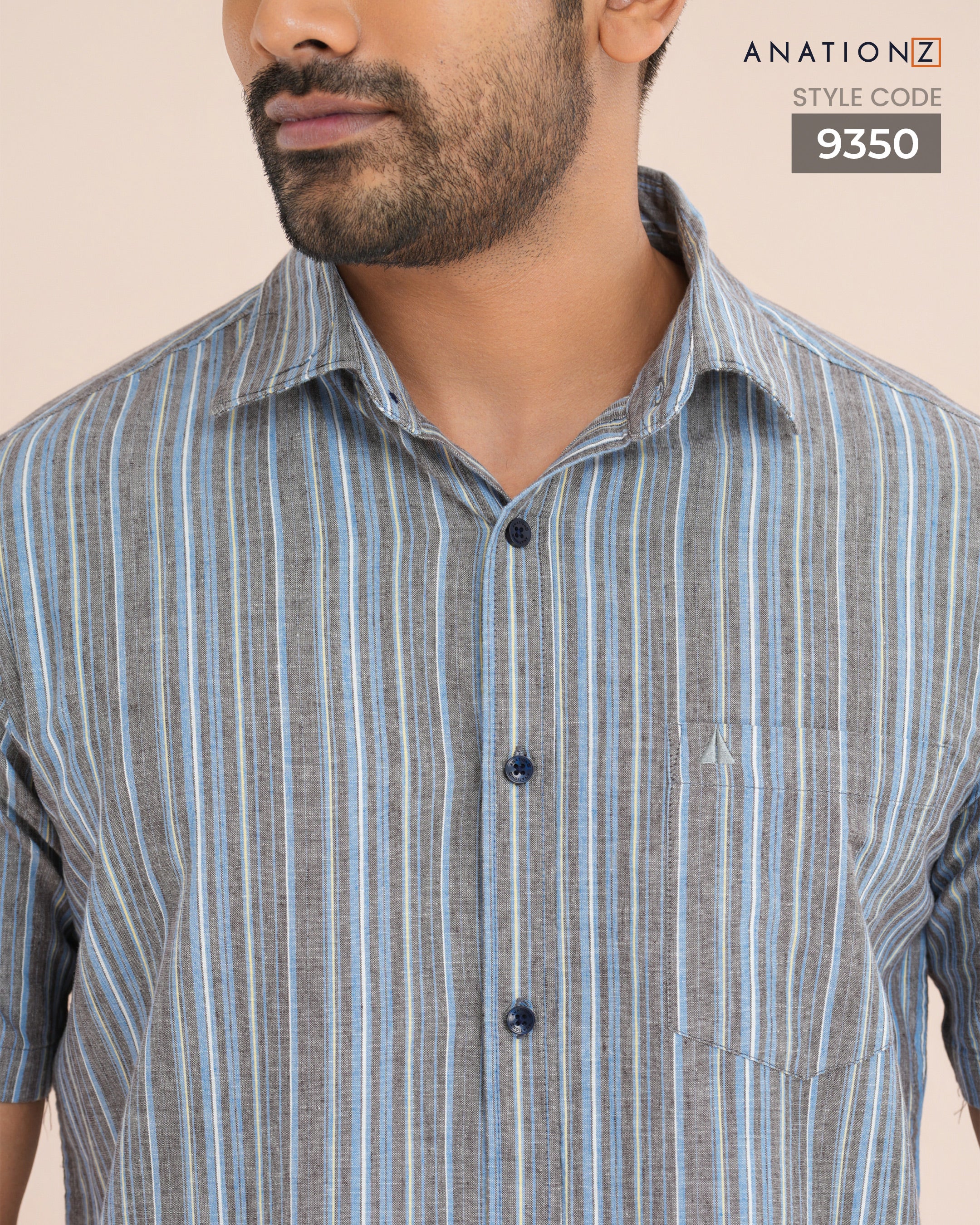 Linen Cotton Stripe Short Sleeve Shirt - Grey