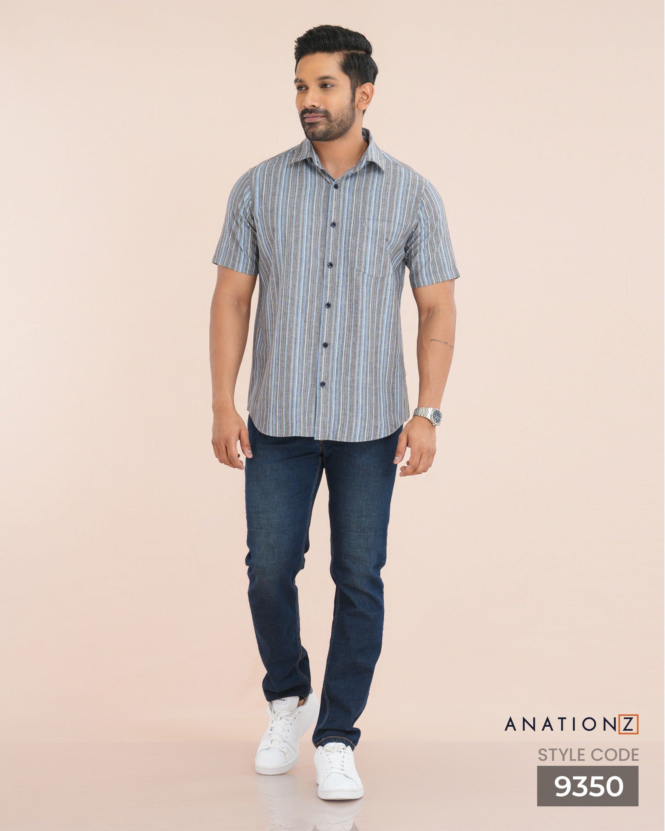 Linen Cotton Stripe Short Sleeve Shirt - Grey