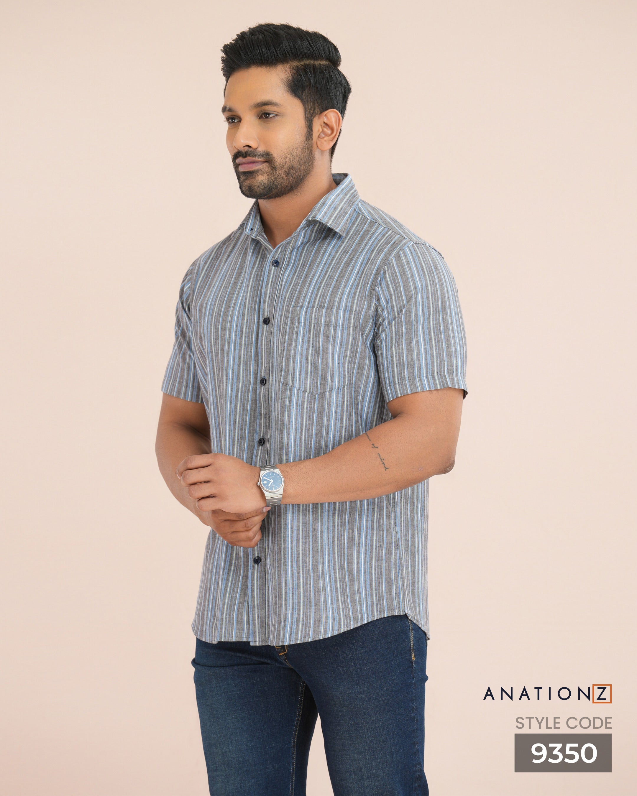 Linen Cotton Stripe Short Sleeve Shirt - Grey