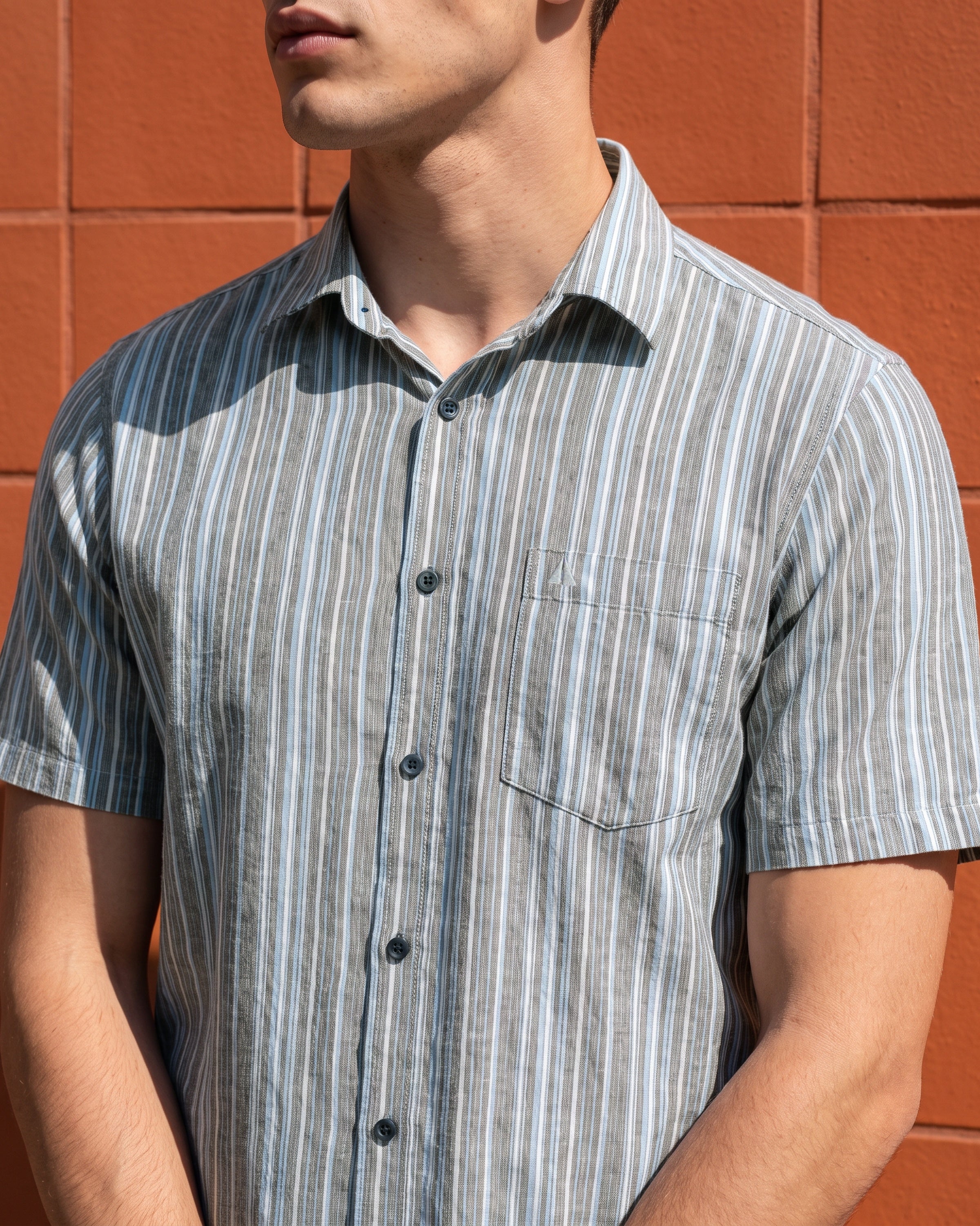 AnationZ Heritage Linen Stripe Short Sleeve Shirt - Stone Fog Sri Lanka
