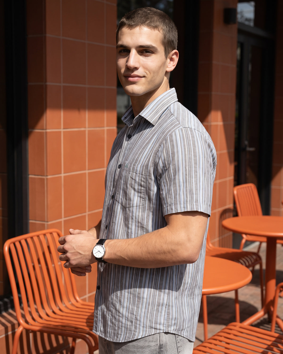 AnationZ Heritage Linen Stripe Short Sleeve Shirt - Stone Fog Sri Lanka